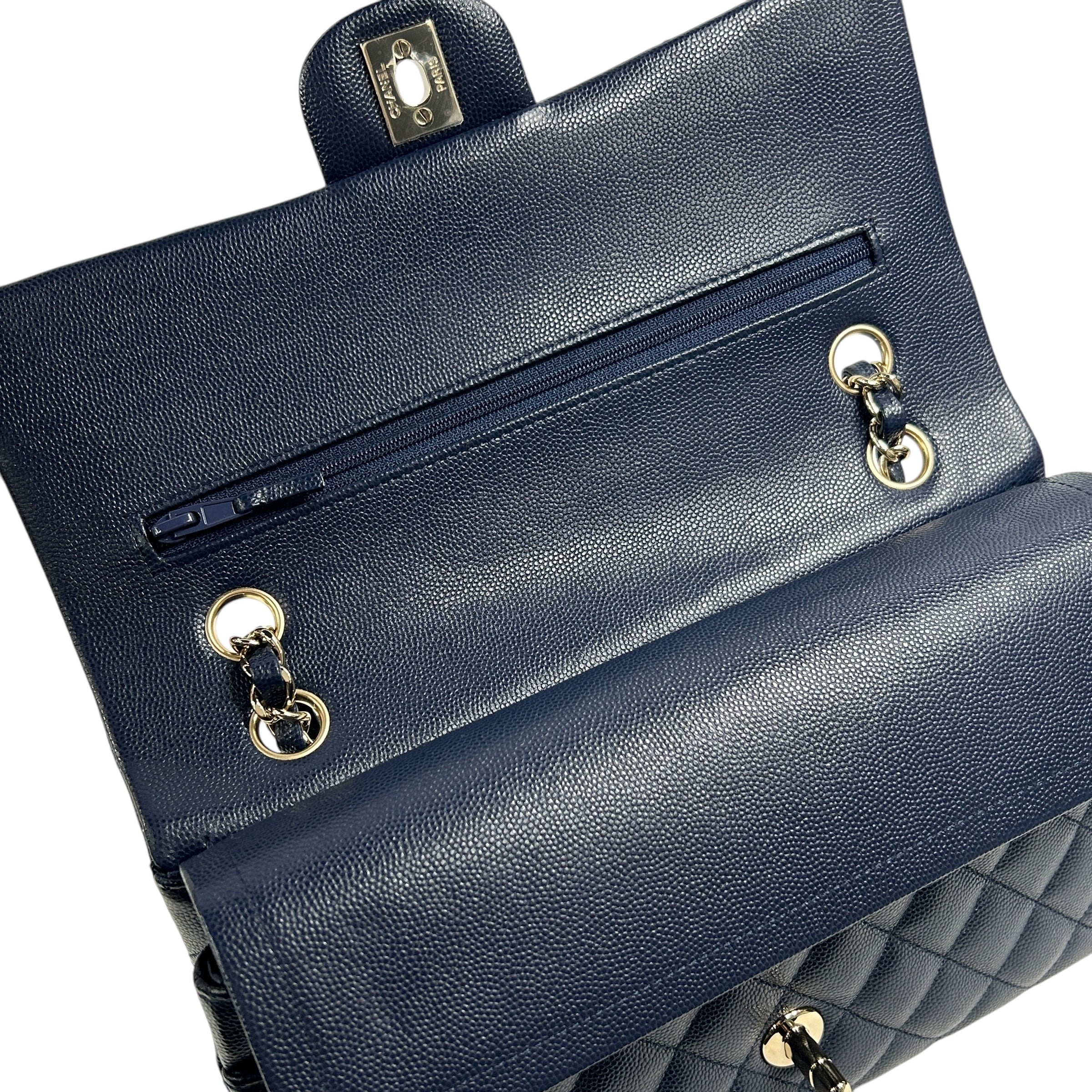 Navy Quilted Caviar Medium Classic Double Flap Bag w/GHW