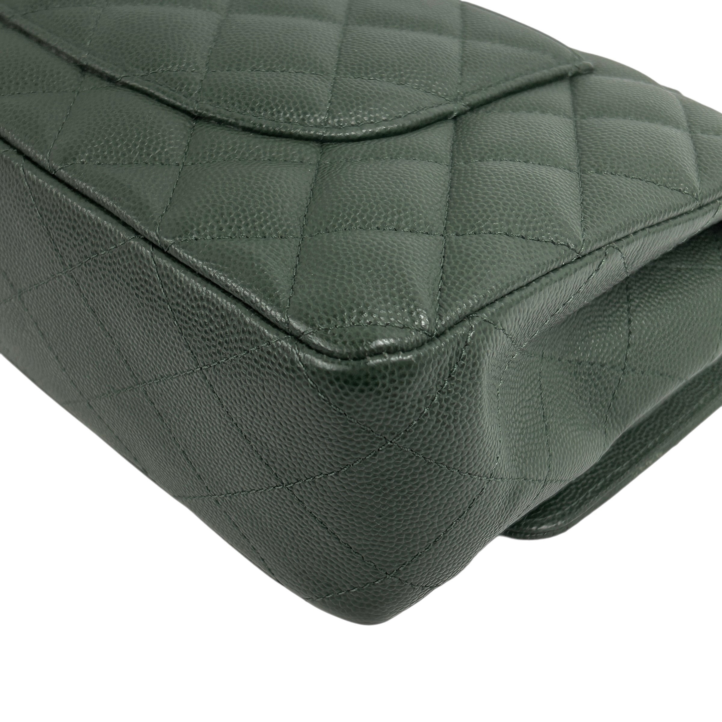 Olive Green Caviar Quilted Medium Classic Double Flap w/SHW