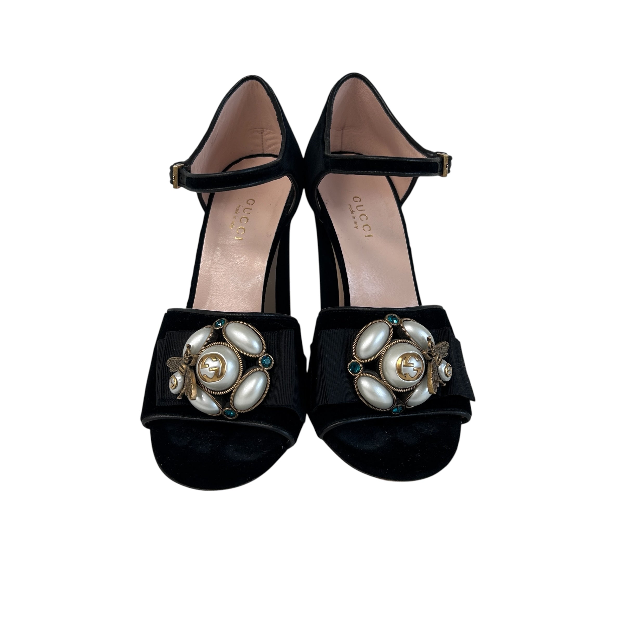 Black Velvet Pearl Bee Logo Heels