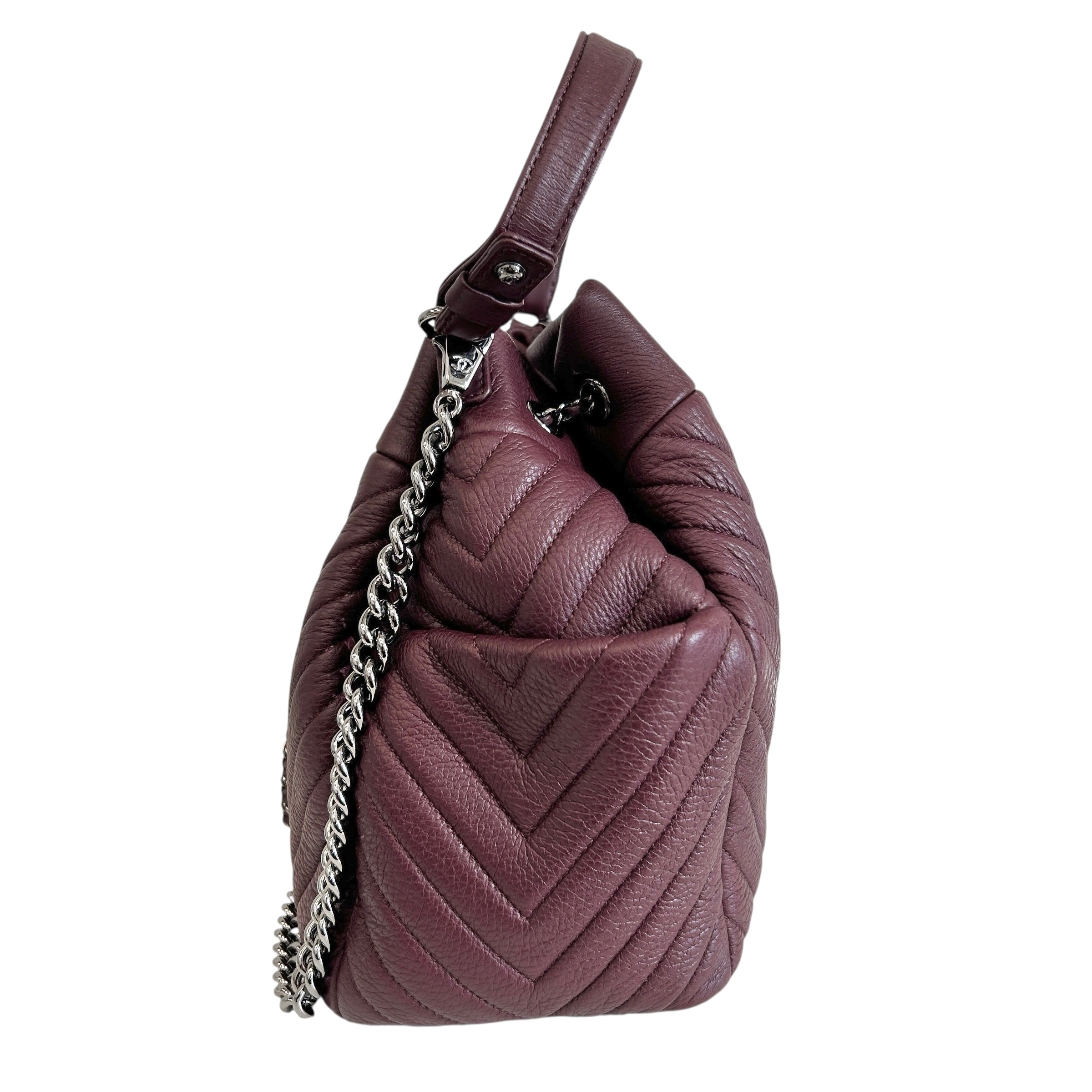 Burgundy Deerskin Small Chain Bucket Bag w/SHW