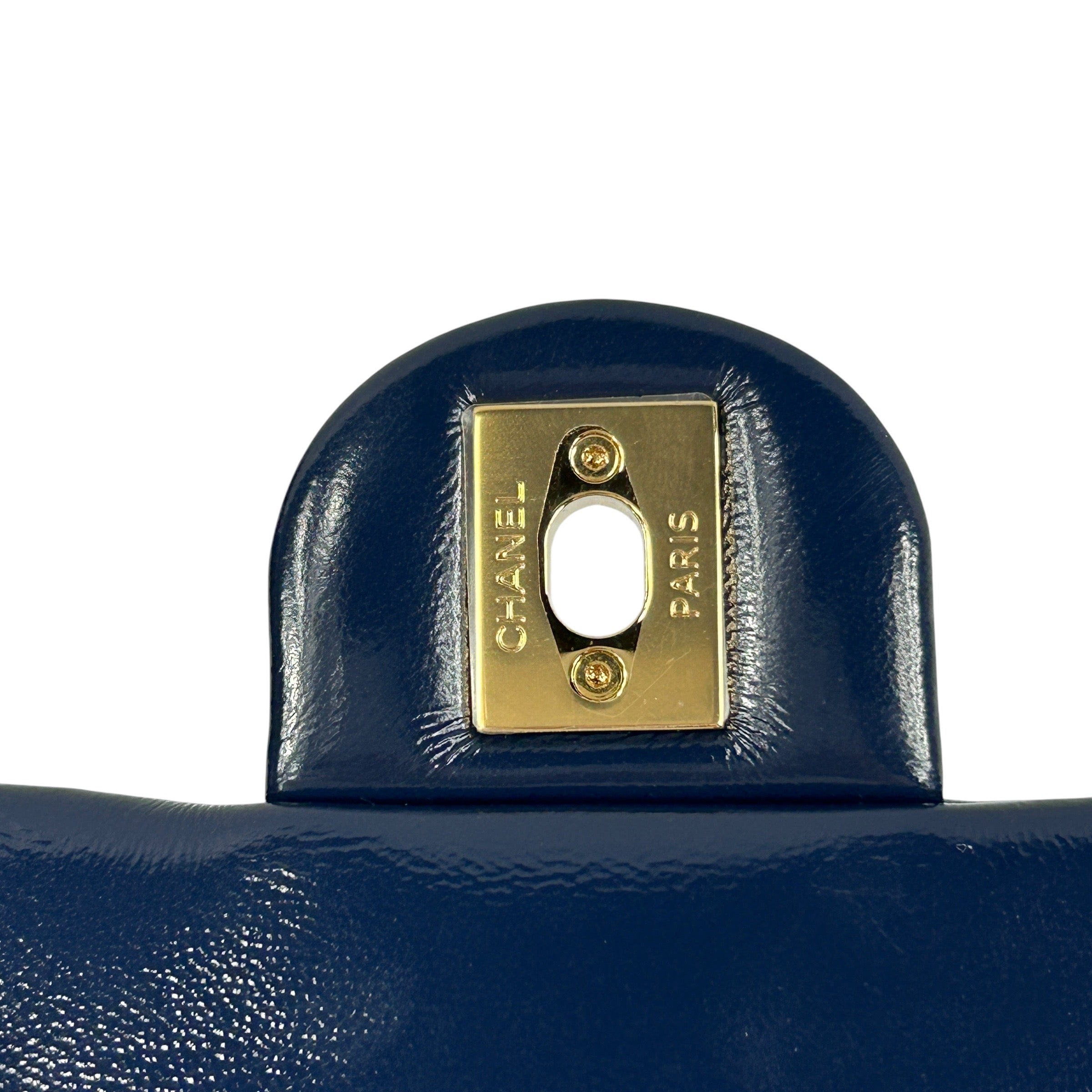 Navy Patent Leather Mini Flap with Top Handle w/GHW