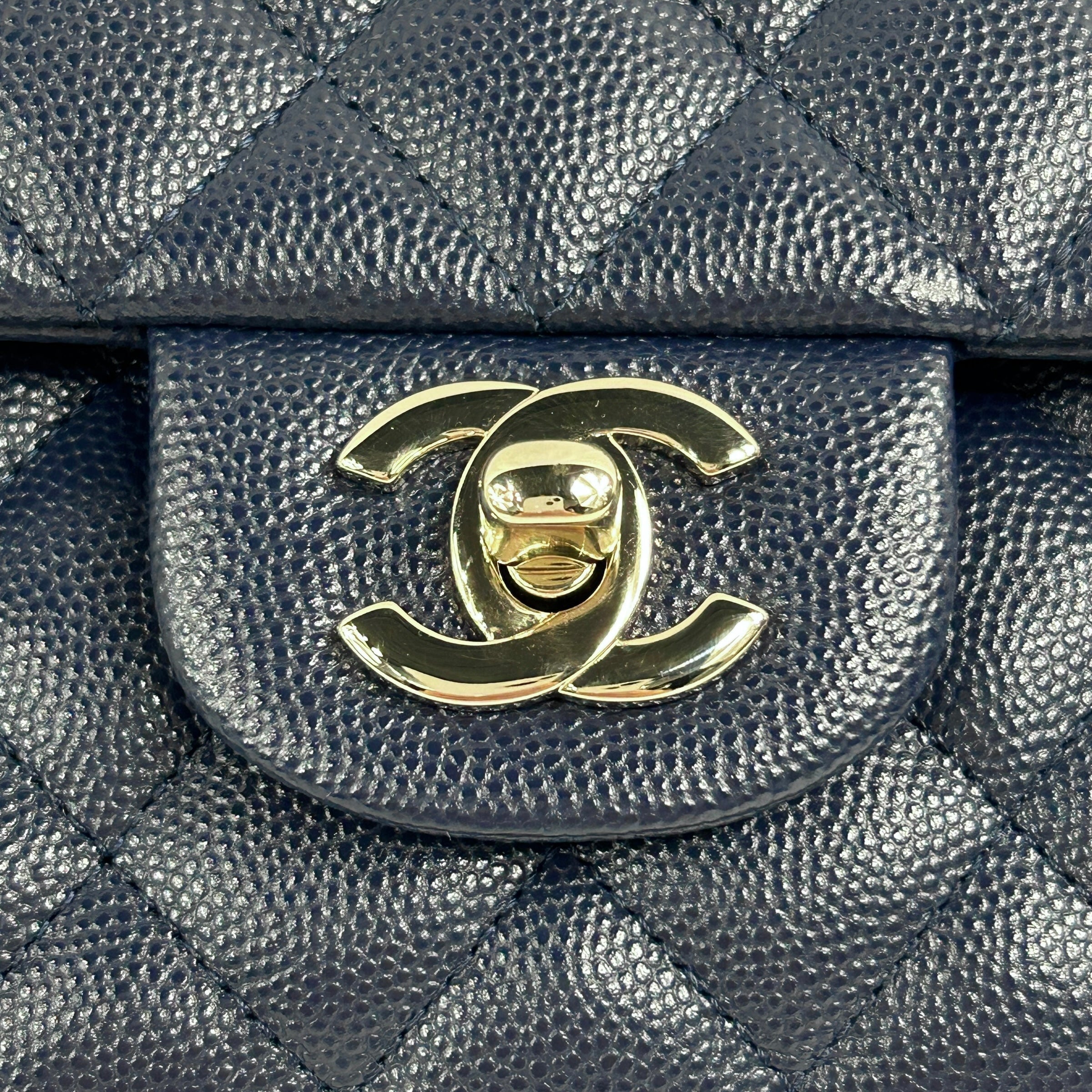 Navy Quilted Caviar Medium Classic Double Flap Bag w/GHW