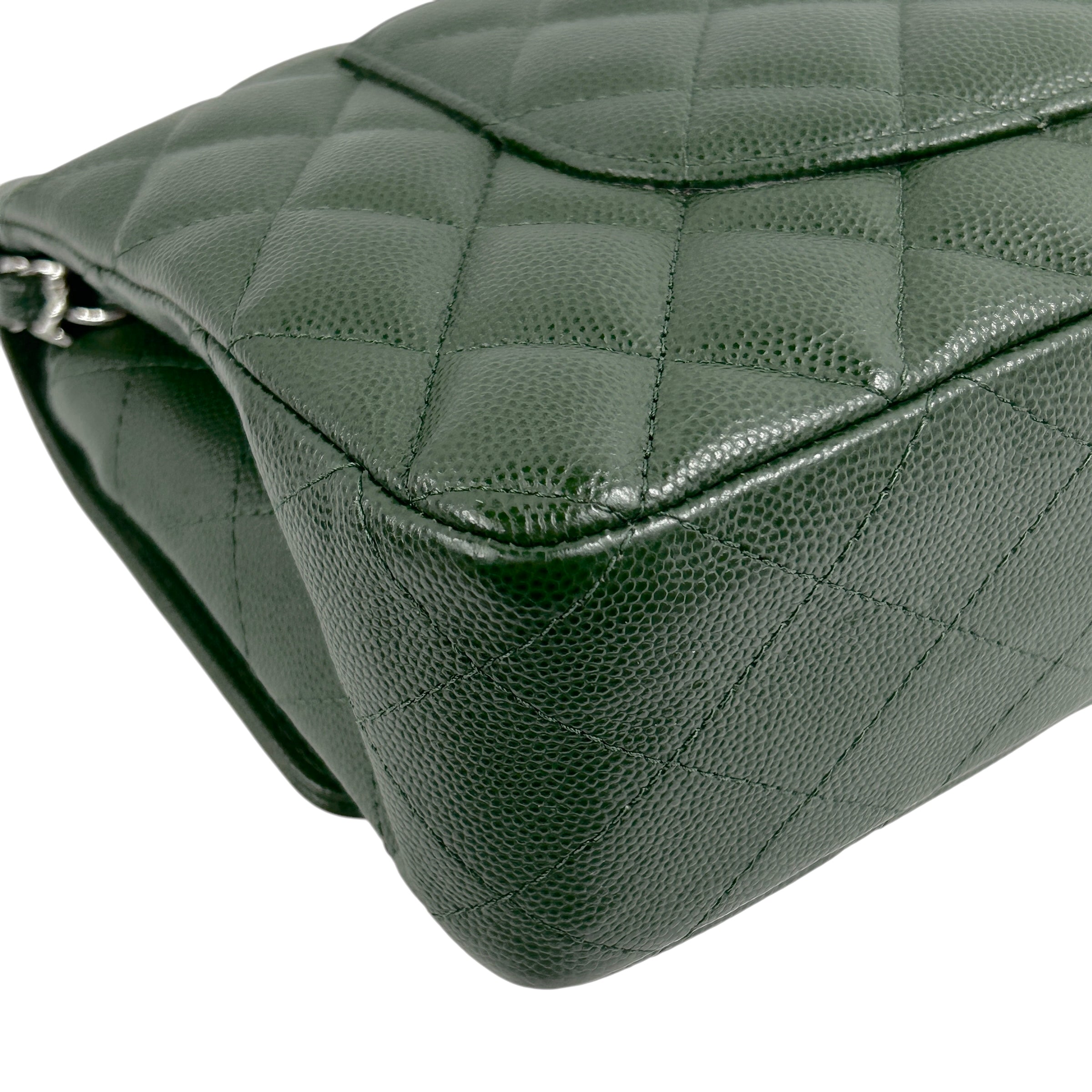 Olive Green Caviar Quilted Medium Classic Double Flap w/SHW