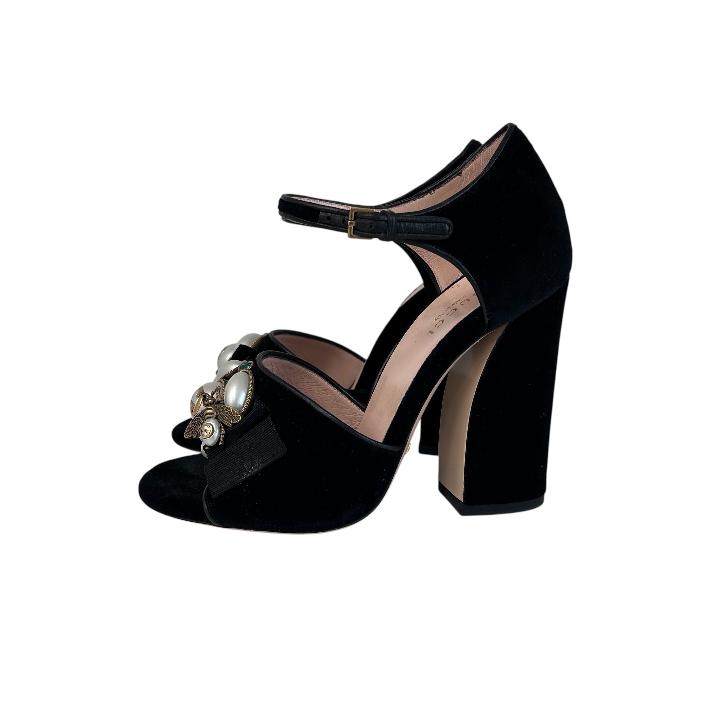 Black Velvet Pearl Bee Logo Heels