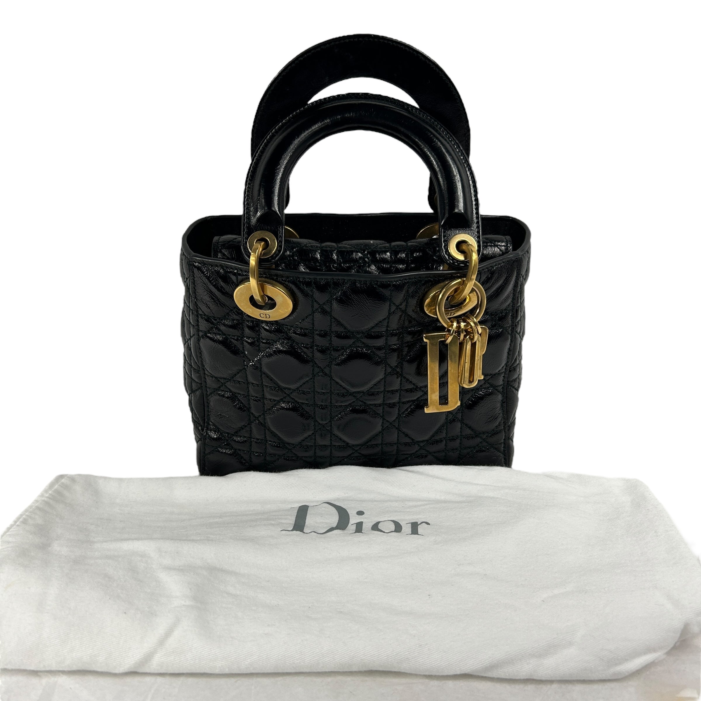 Black aged Glazed Calfskin Small Lady Dior w/AGHW