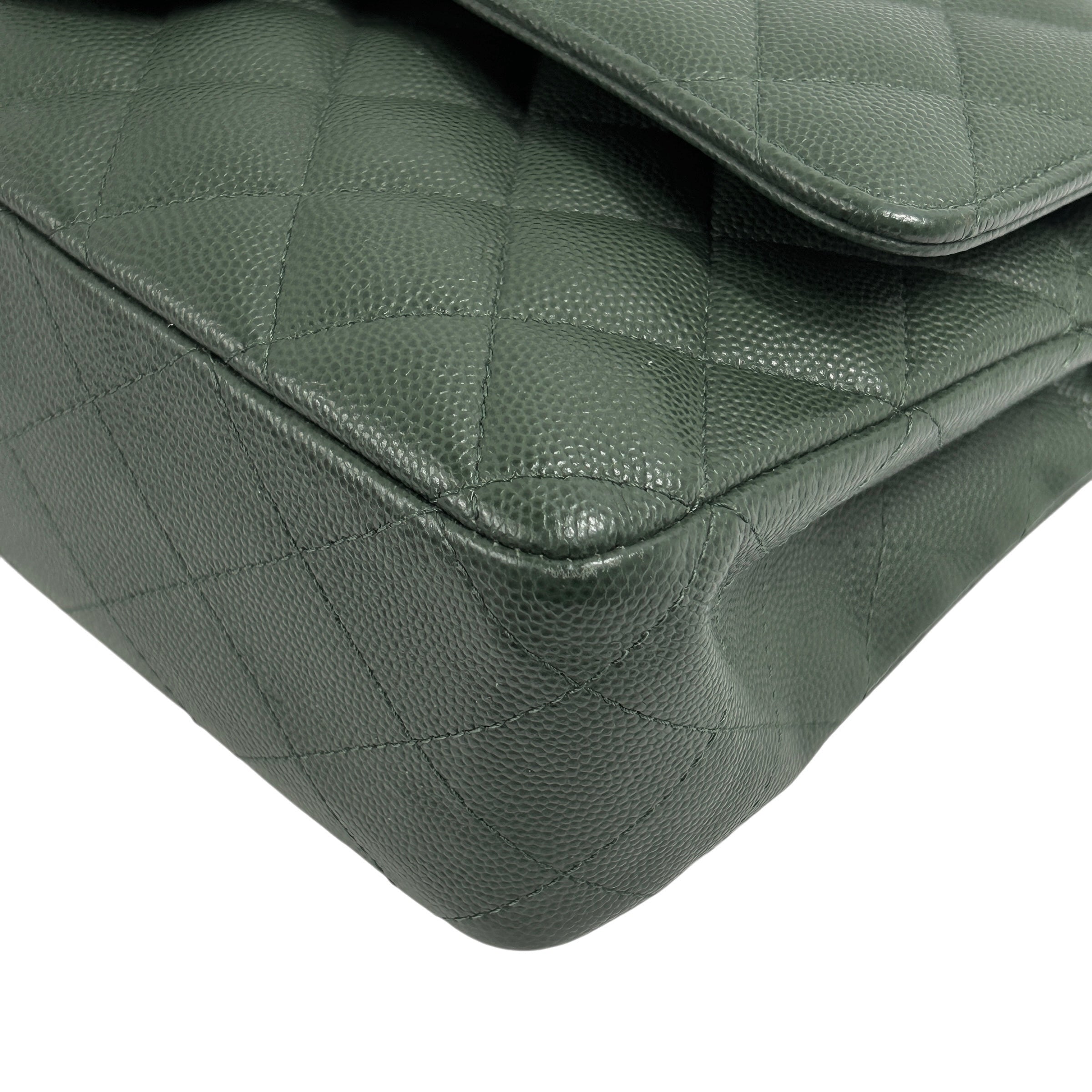 Olive Green Caviar Quilted Medium Classic Double Flap w/SHW