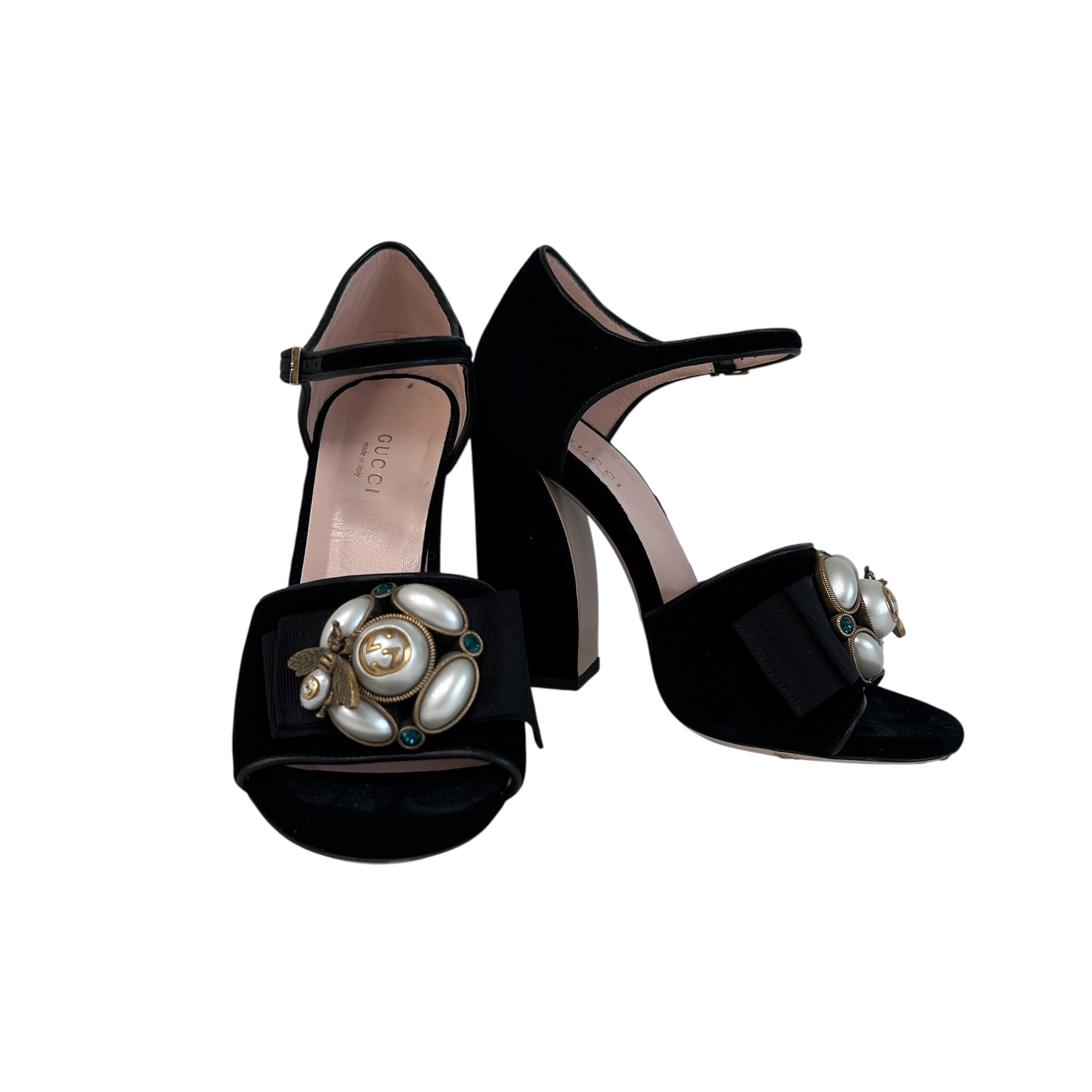Black Velvet Pearl Bee Logo Heels
