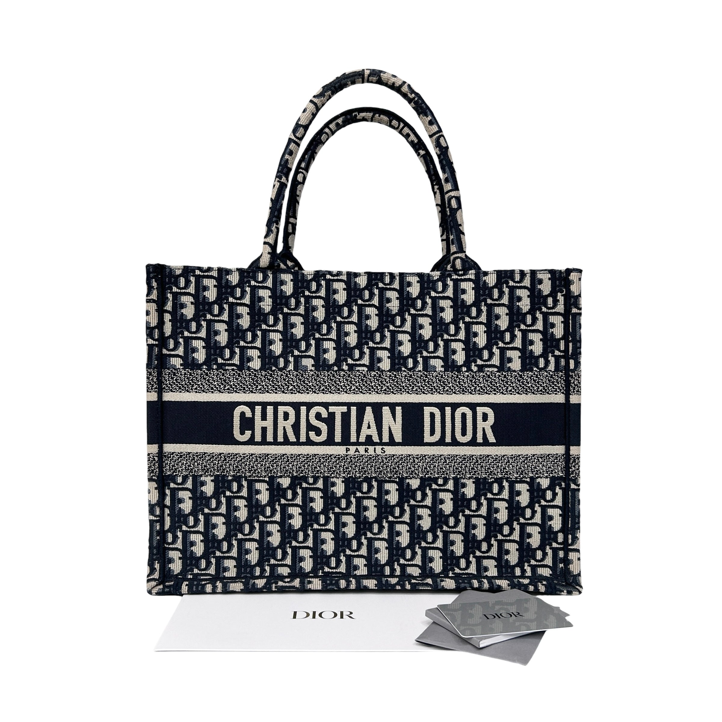 Ecru and Blue Oblique Embroidery Medium Book Tote