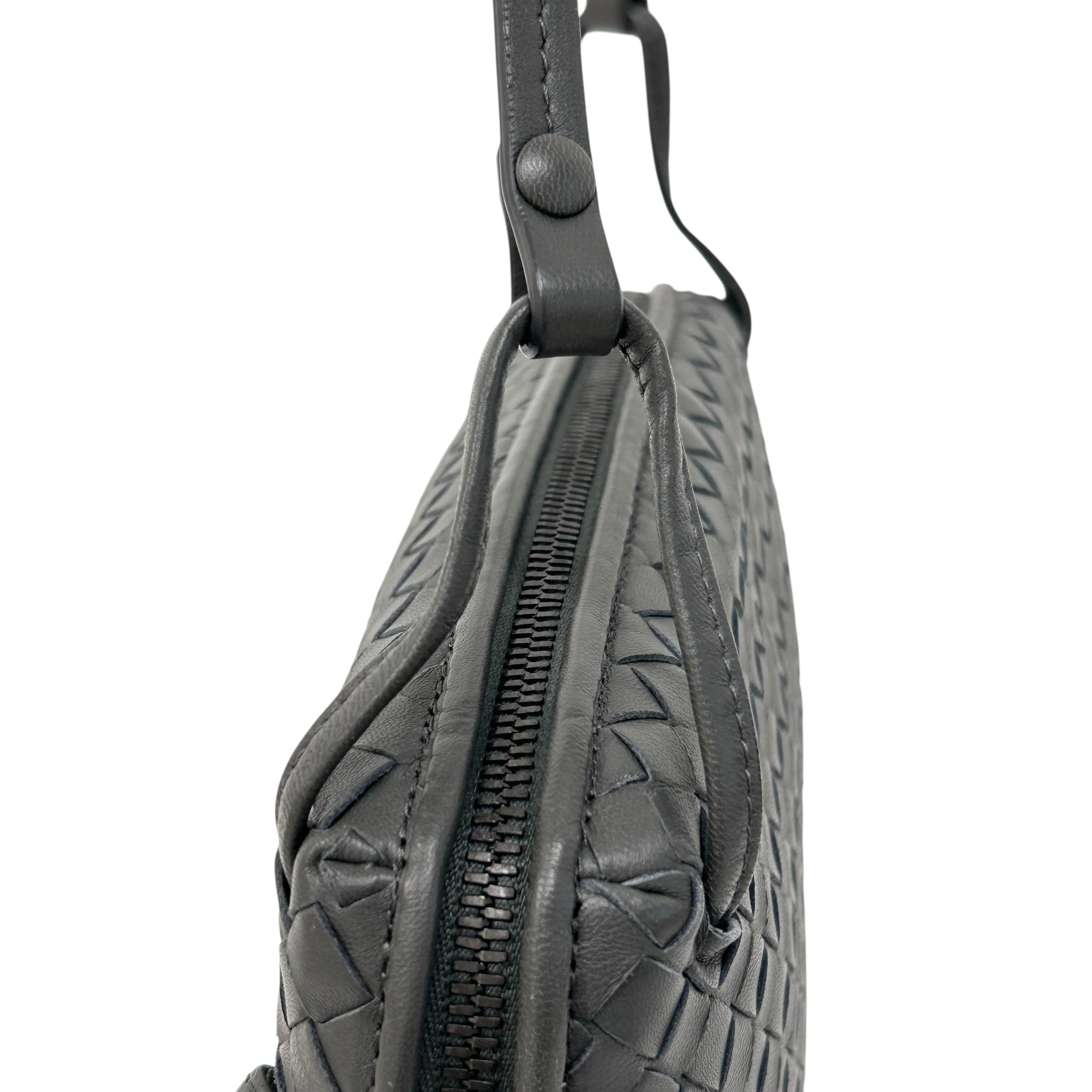 Grey Intrecciato Woven Nappa Leather Nodini Crossbody Bag w/Gunmetal HW