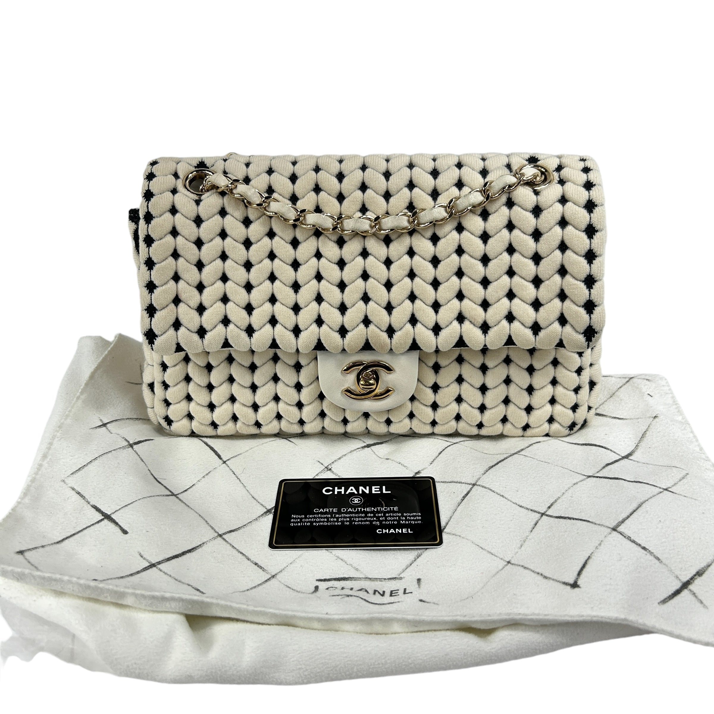 White Knit Wool/Black Calfskin Leather Flap Bag w/GHW