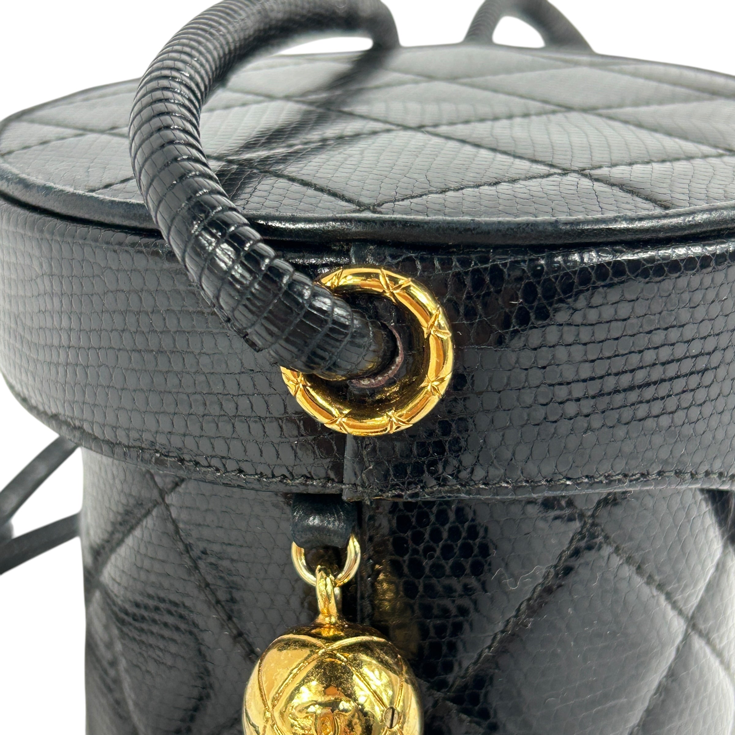 Vintage Black Lizard Leather Quilted Bucket Vanity Bag w/GHW