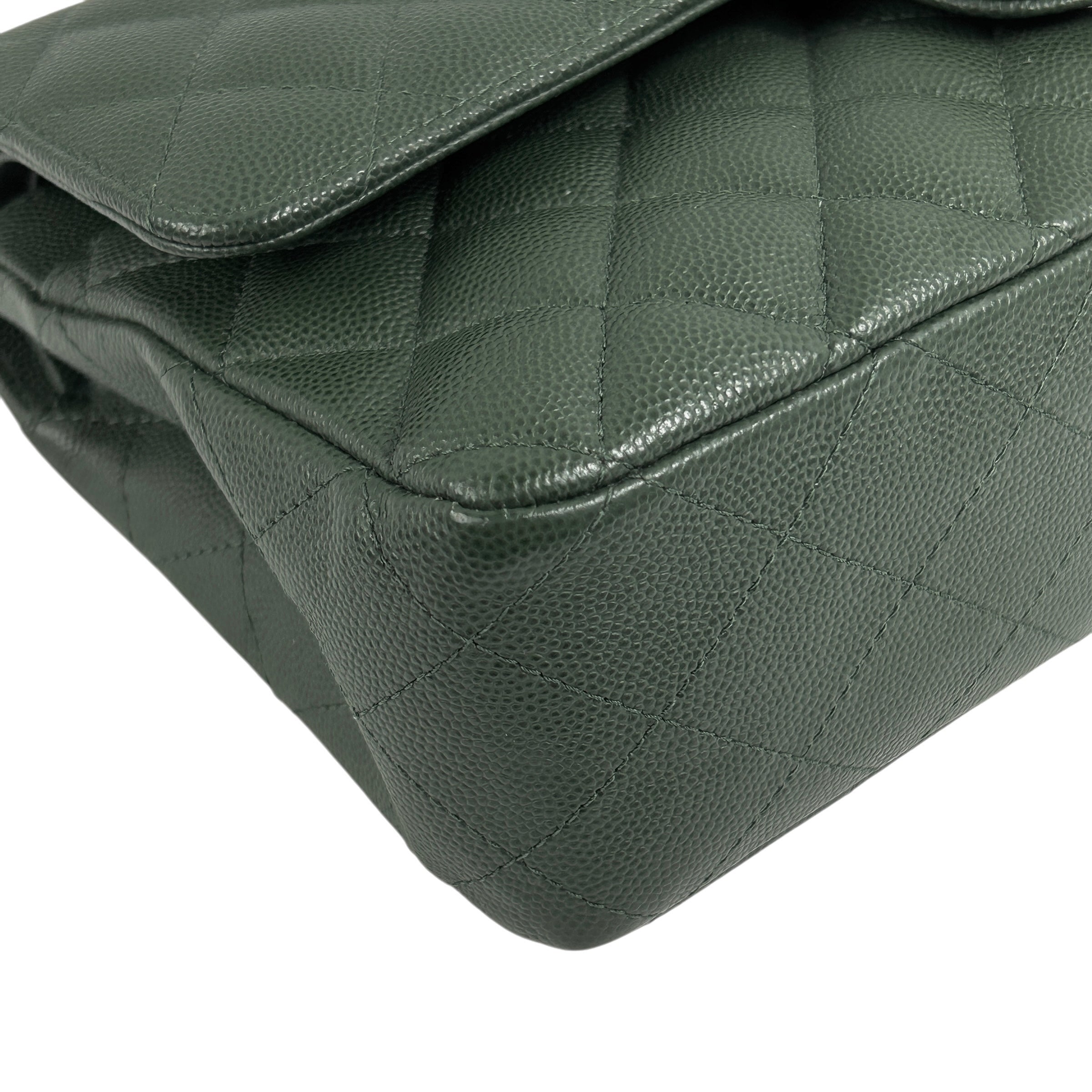 Olive Green Caviar Quilted Medium Classic Double Flap w/SHW