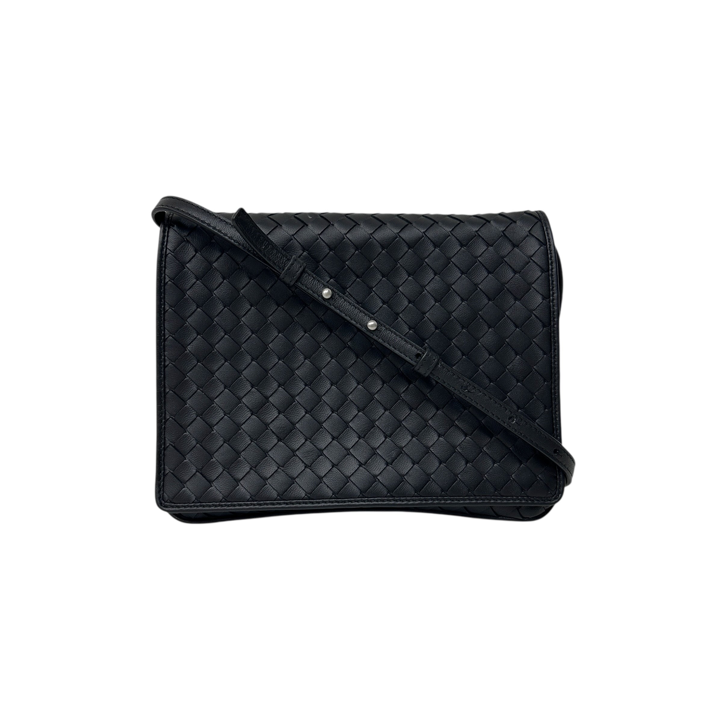 Black Intrecciato Woven Nappa Leather Flap Crossbody Bag w/Gunmetal HW