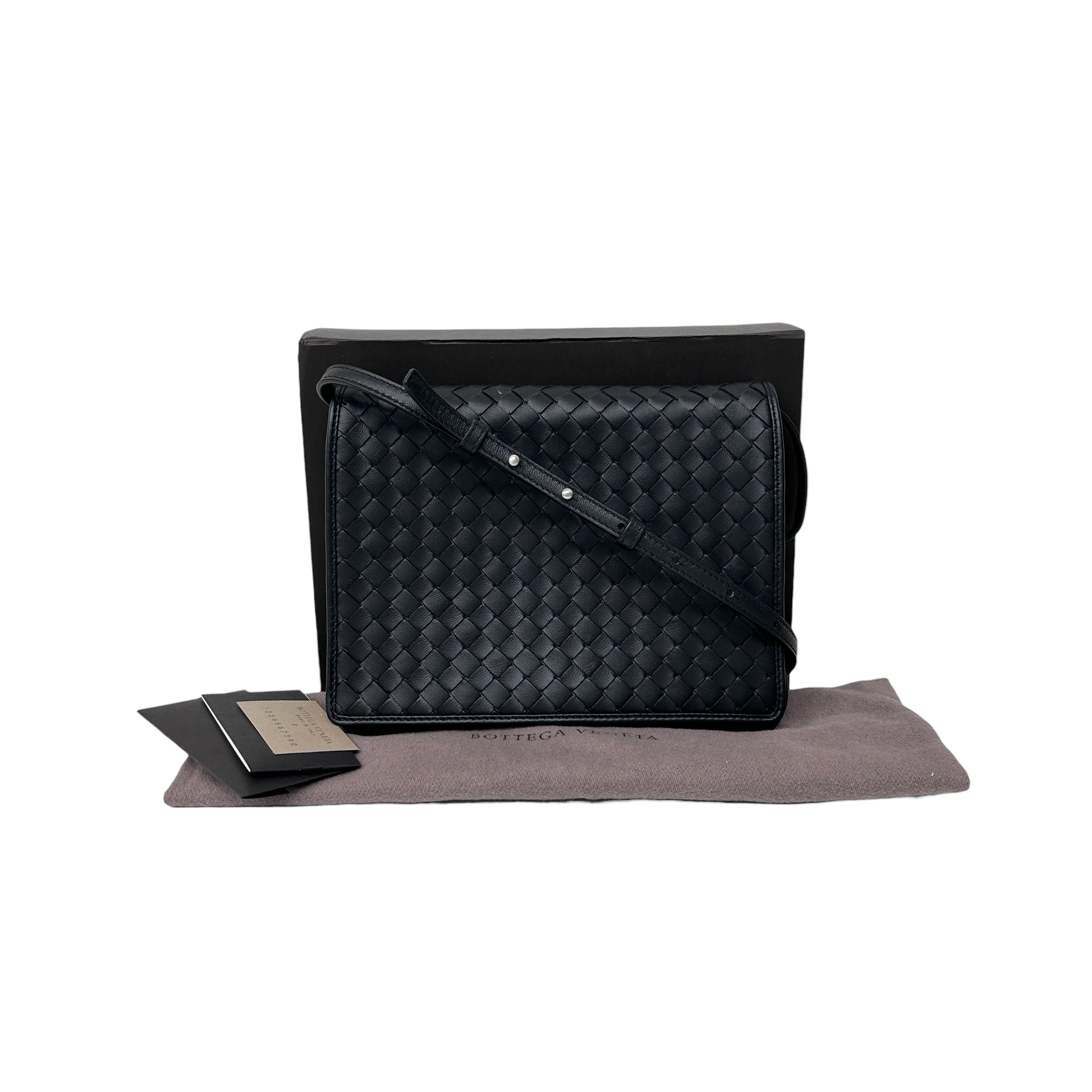 Black Intrecciato Woven Nappa Leather Flap Crossbody Bag w/Gunmetal HW