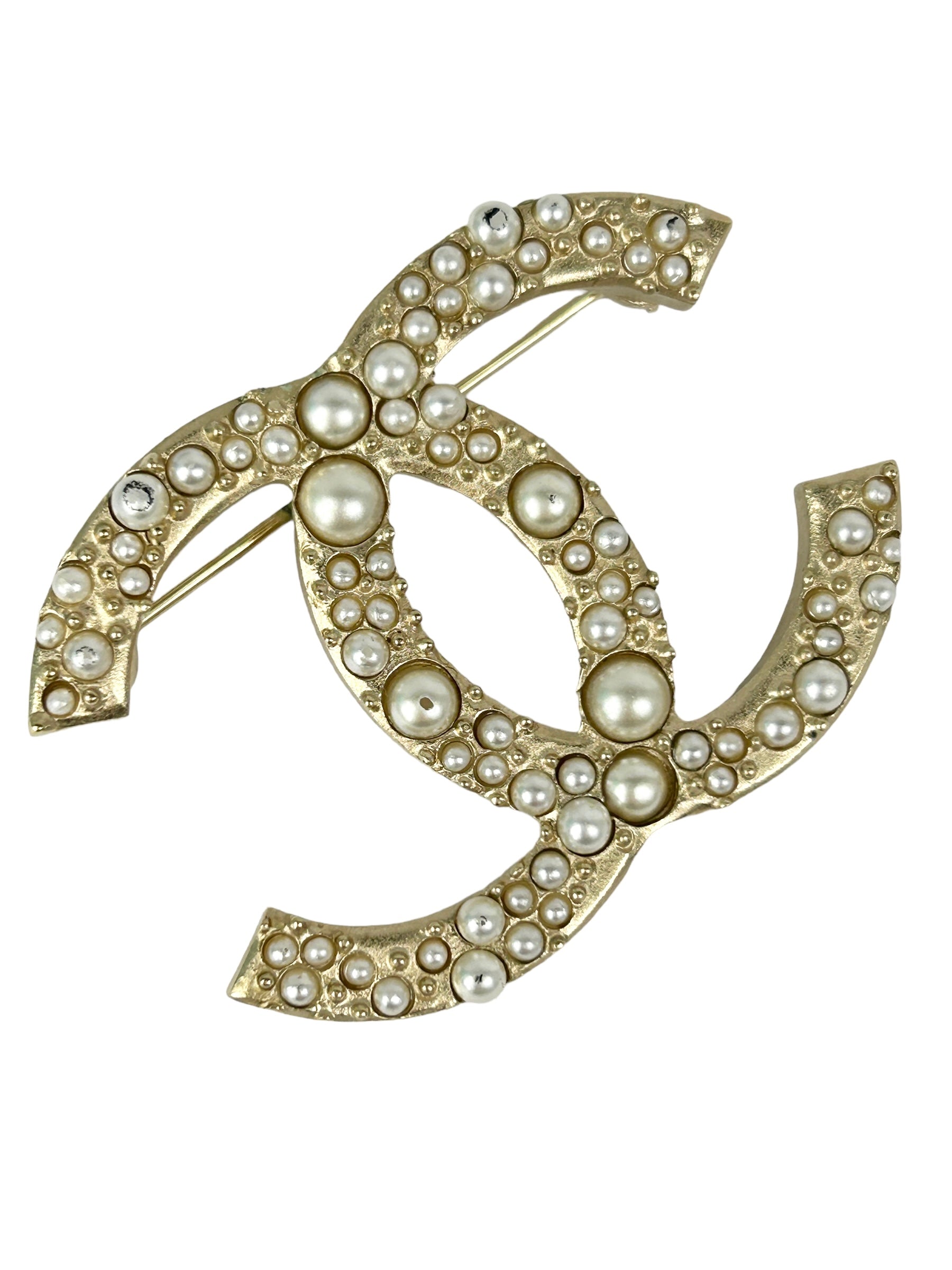 Matte Gold Plated Costume Pearl CC Brooch