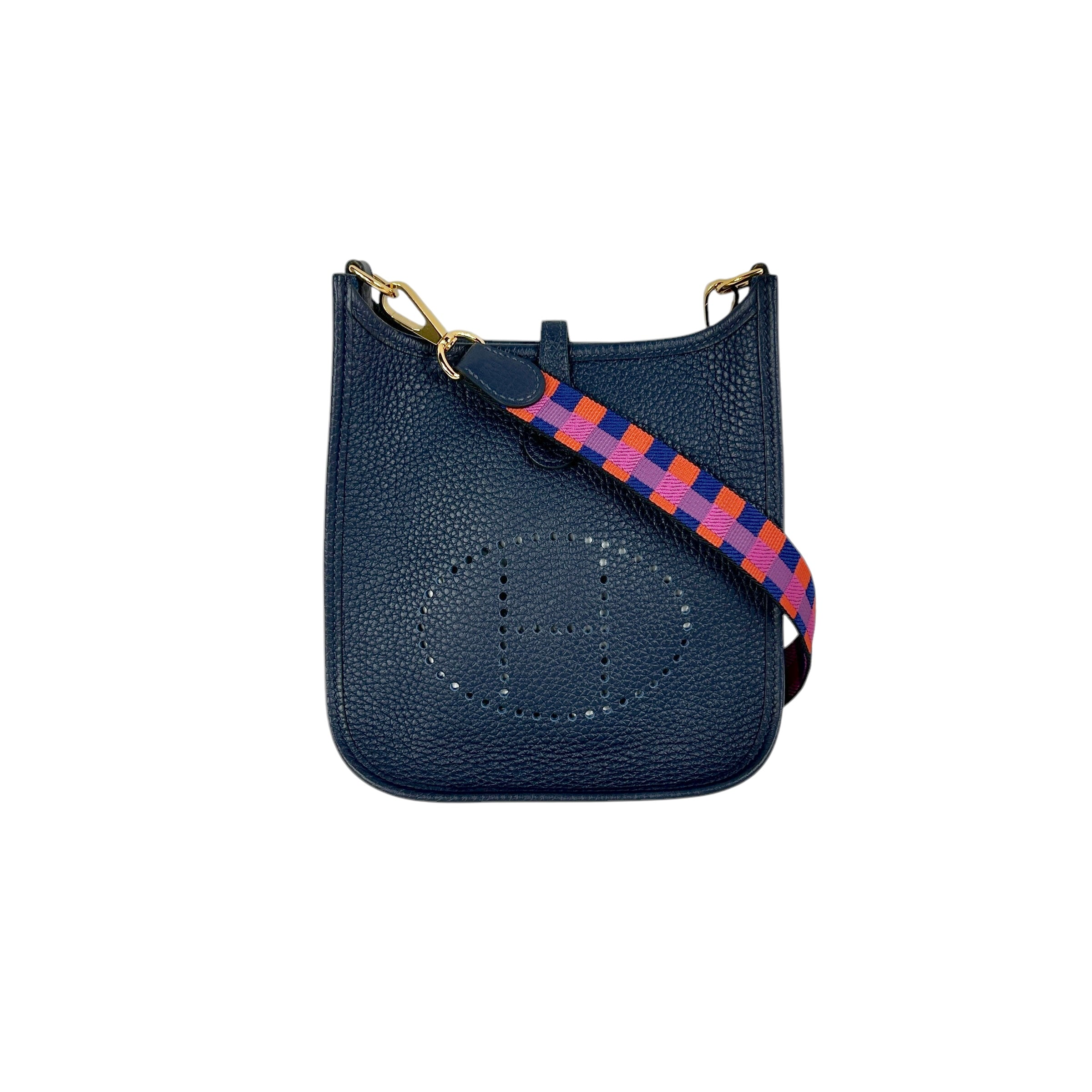 Bleu Nuit Clemence TPM w/ Pink/Orange/Navy Webbing Strap GHW