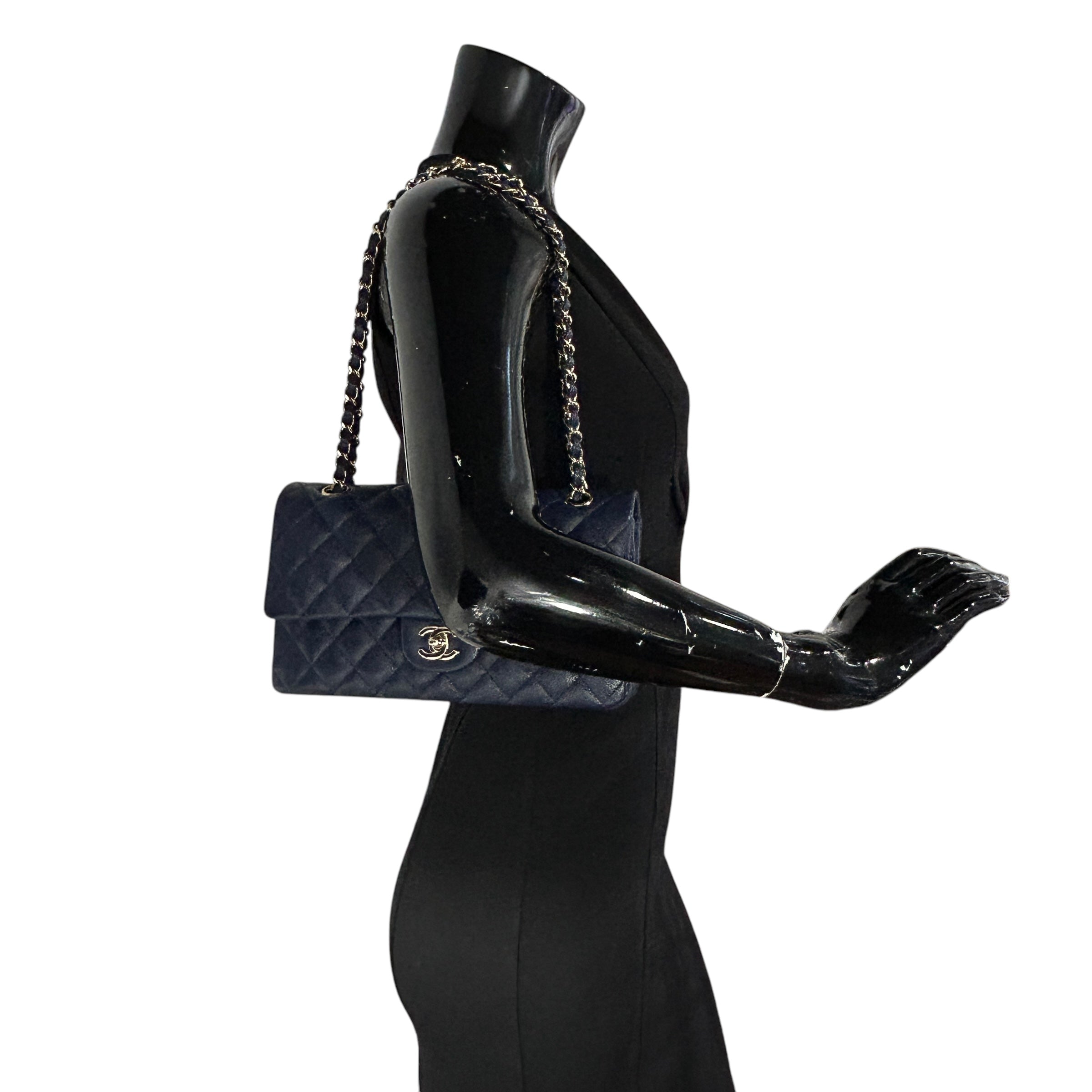 Navy Quilted Caviar Medium Classic Double Flap Bag w/GHW