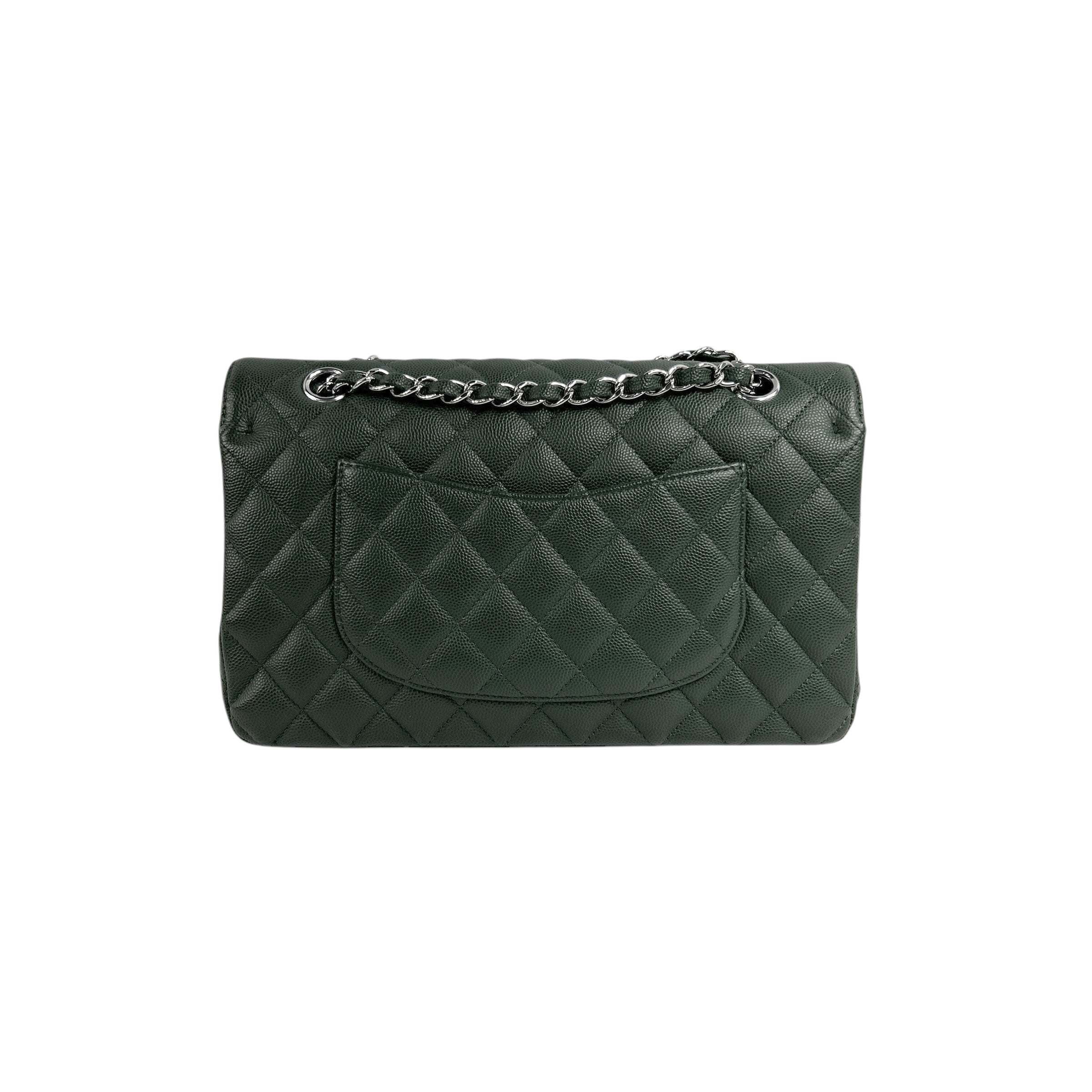 Olive Green Caviar Quilted Medium Classic Double Flap w/SHW