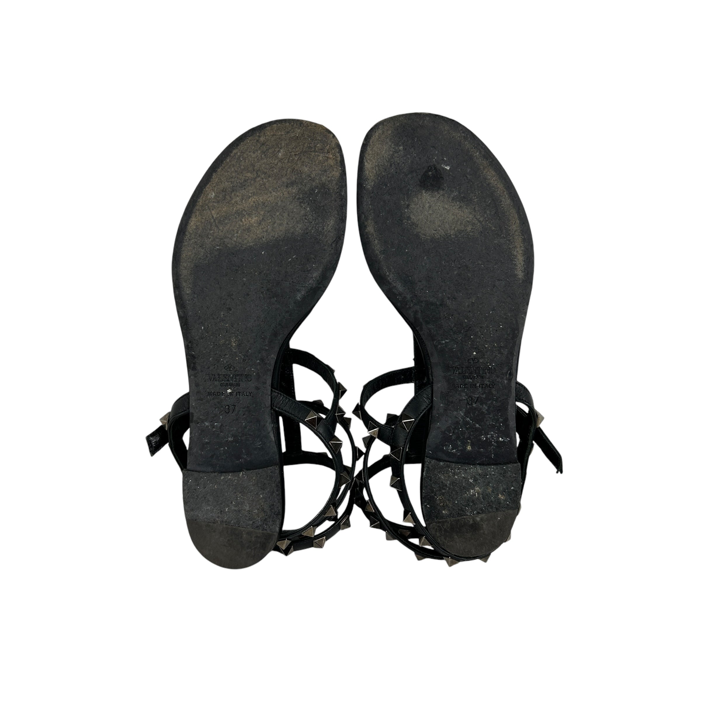 Black Leather Rockstud Flat Sandals w/RHW