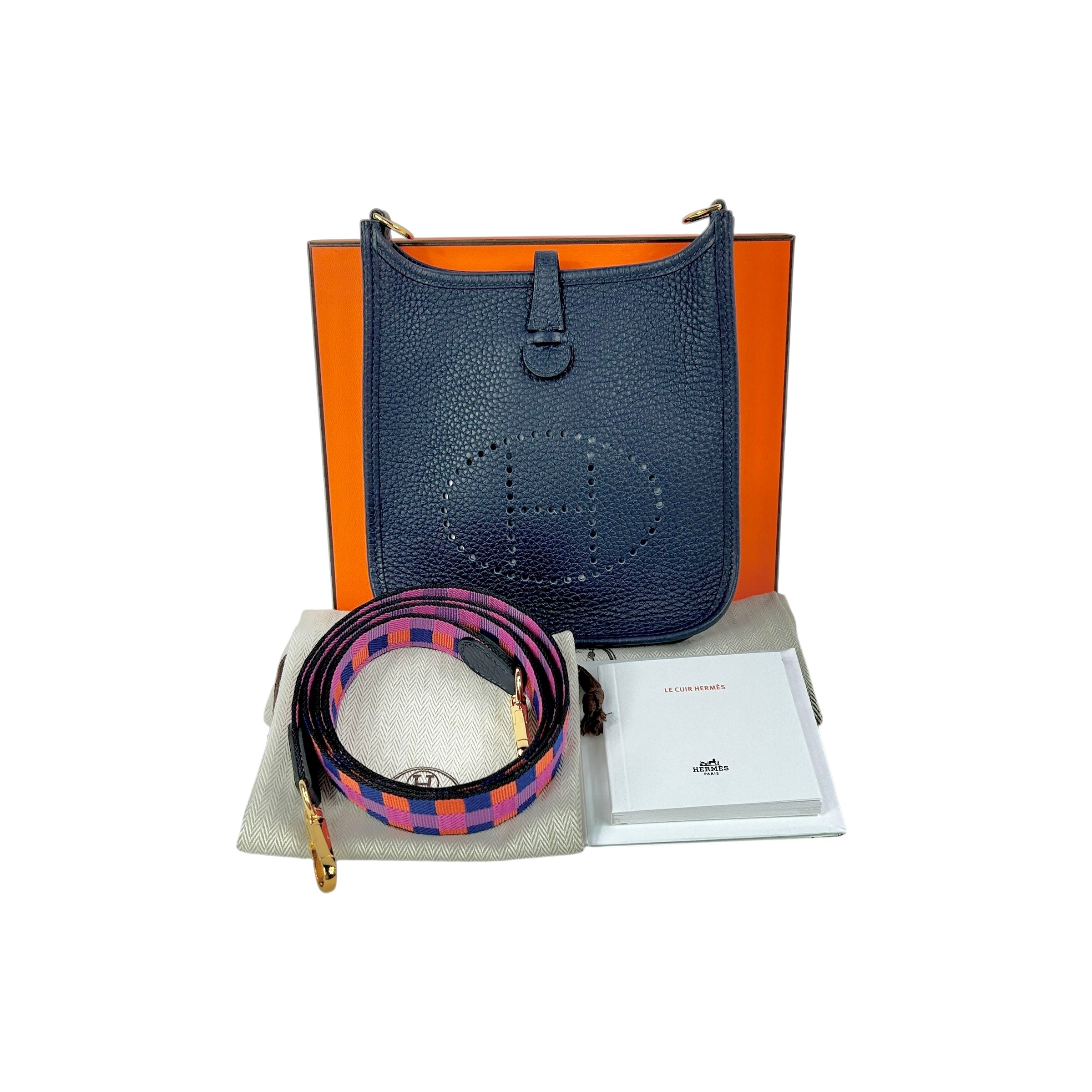 Bleu Nuit Clemence TPM w/ Pink/Orange/Navy Webbing Strap GHW