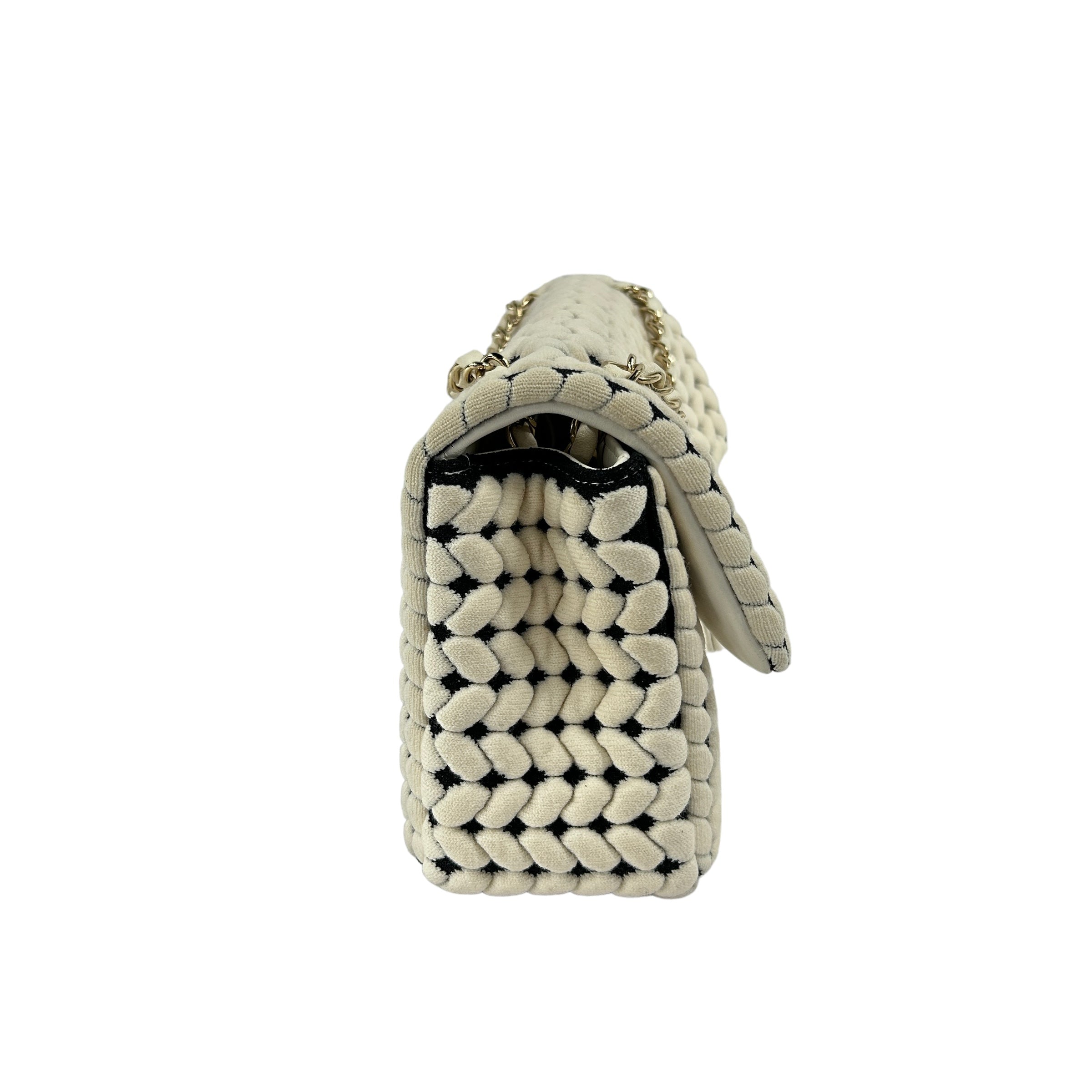 White Knit Wool/Black Calfskin Leather Flap Bag w/GHW