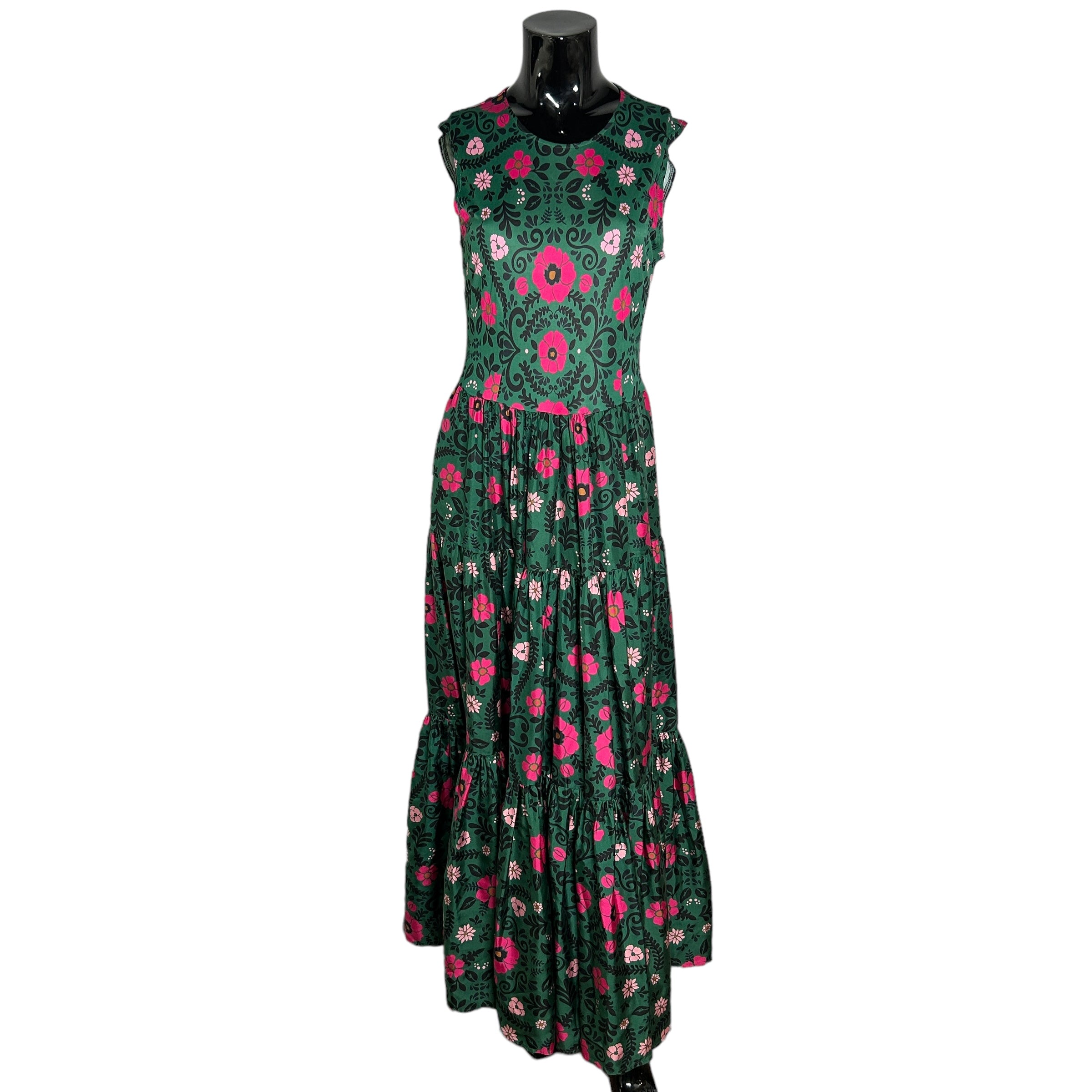 Green Floral Pattern Sleeveless Silk Long Dress