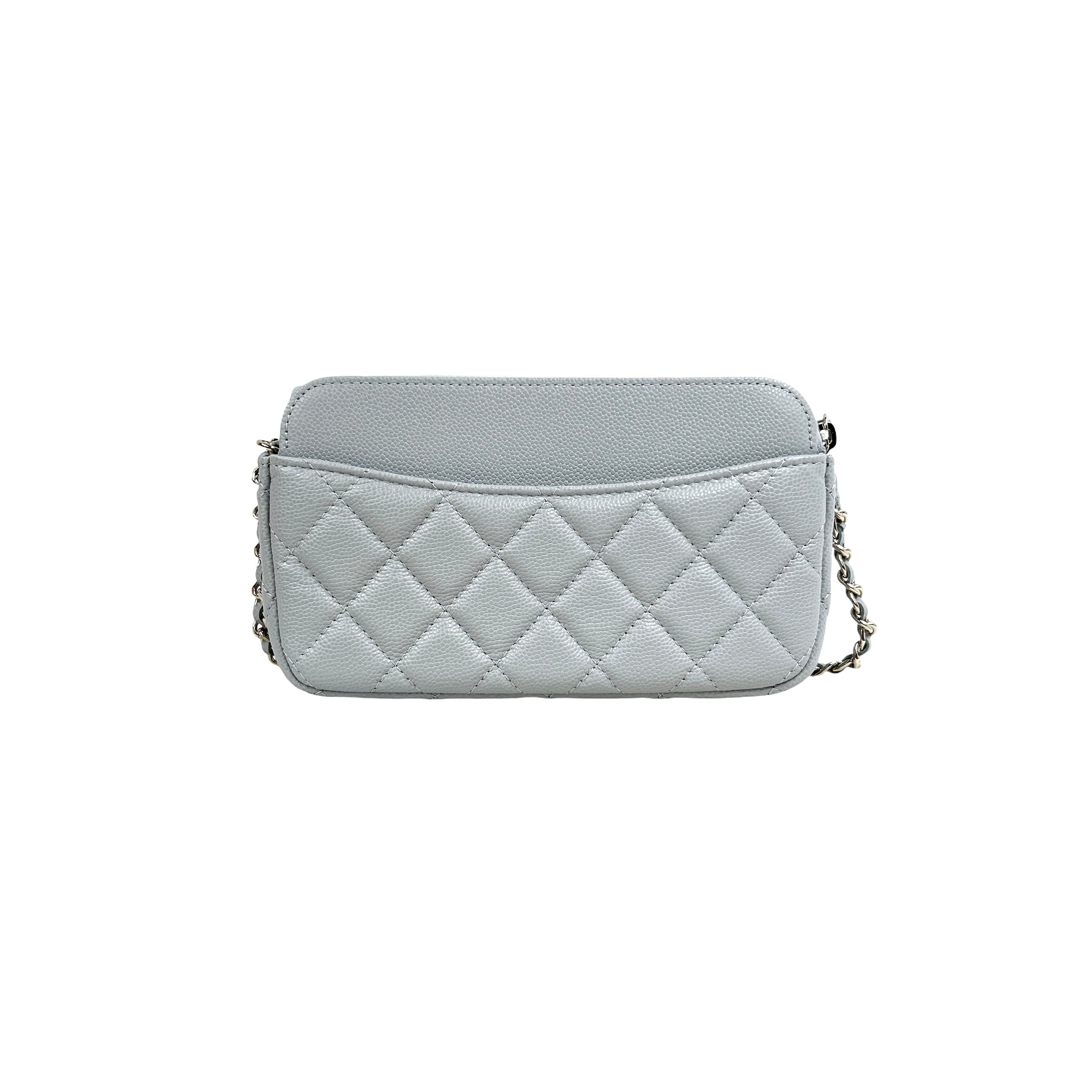 Caviar Quilted Light Grey Wallet/ Phone Holder on Chain w/LGHW