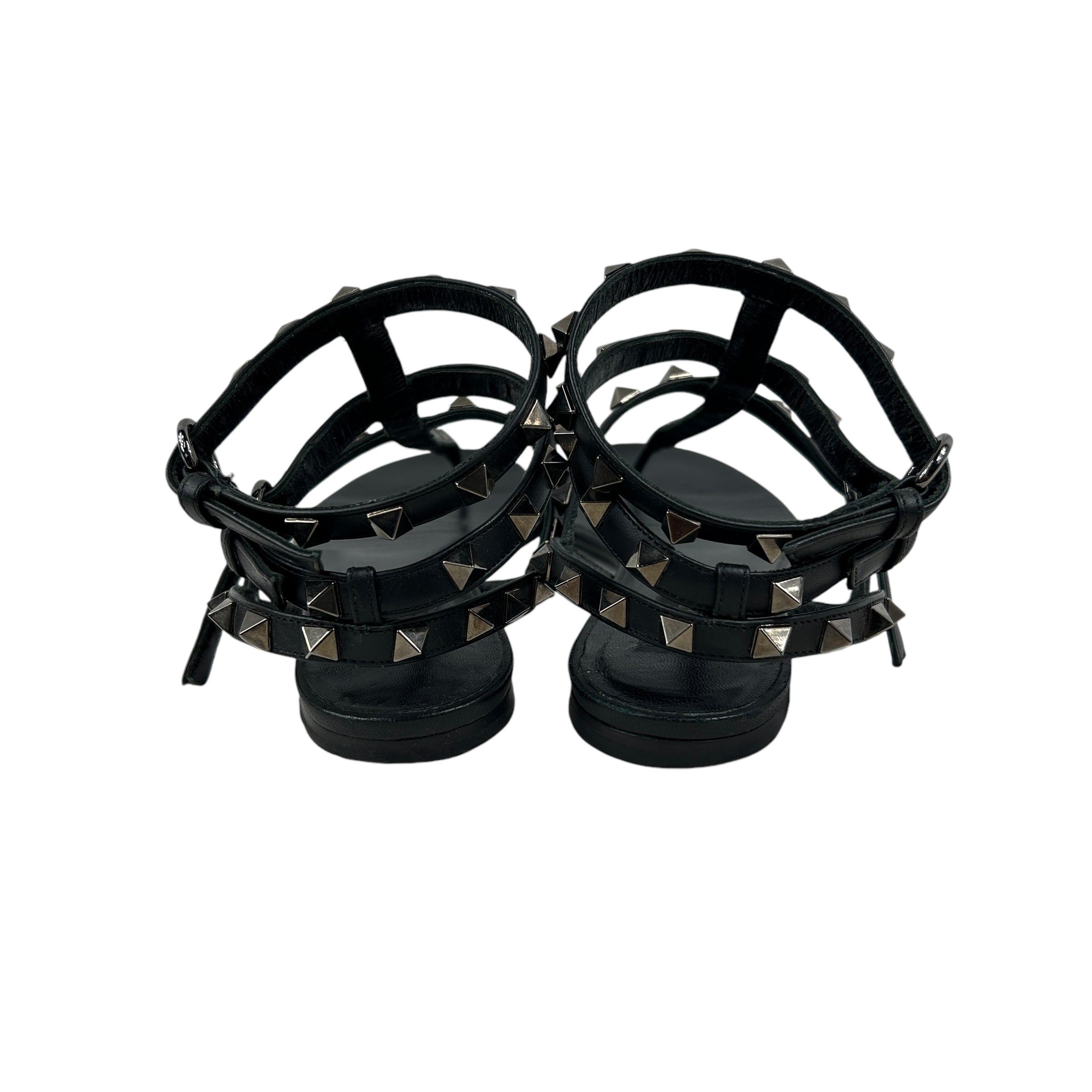 Black Leather Rockstud Flat Sandals w/RHW