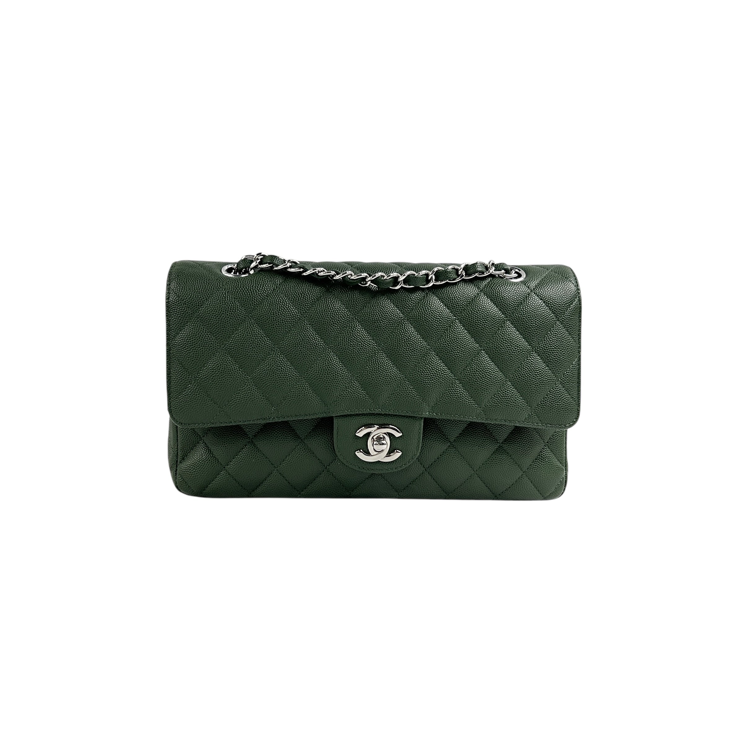 Olive Green Caviar Quilted Medium Classic Double Flap w/SHW