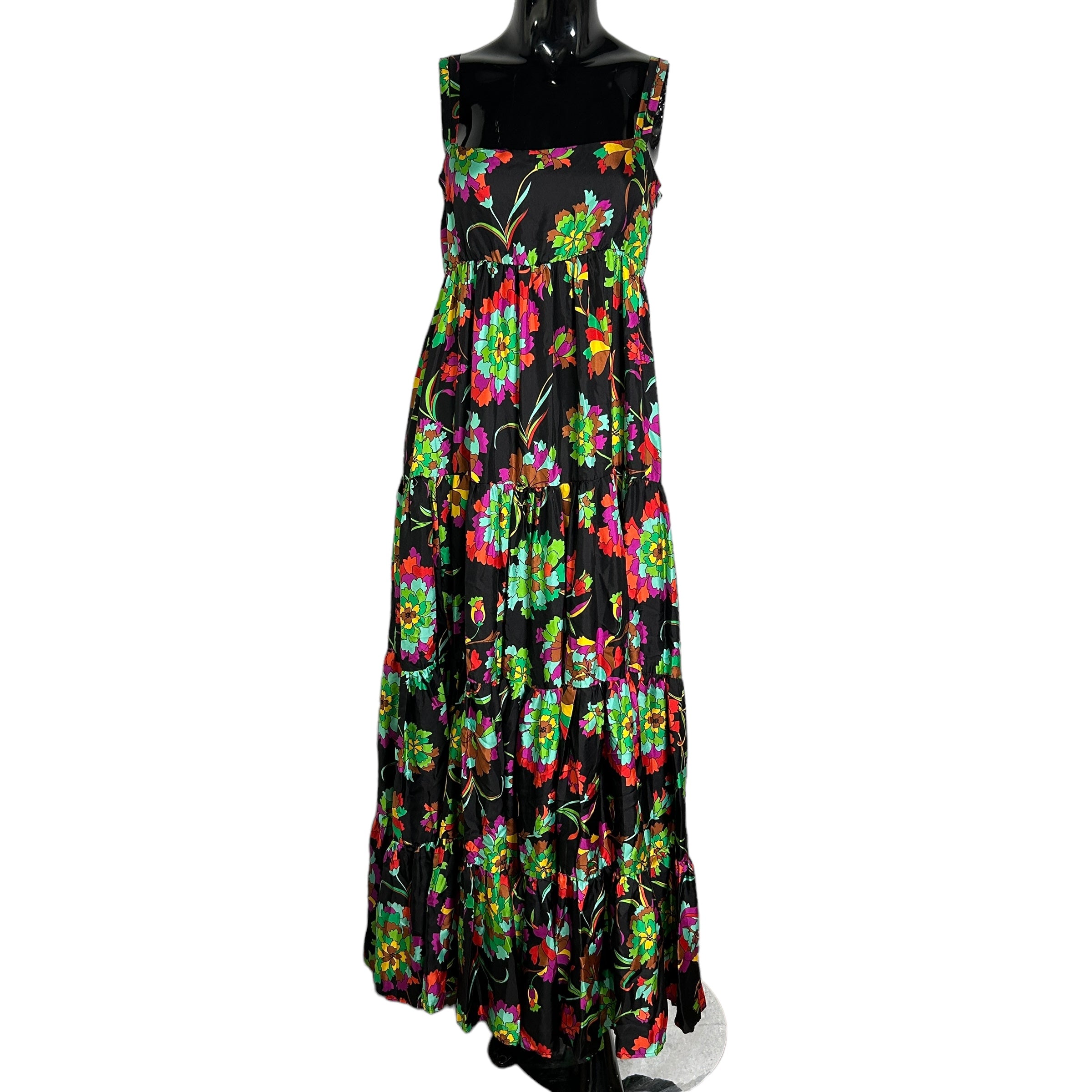 Black Floral Pattern Silk Long Tank Dress