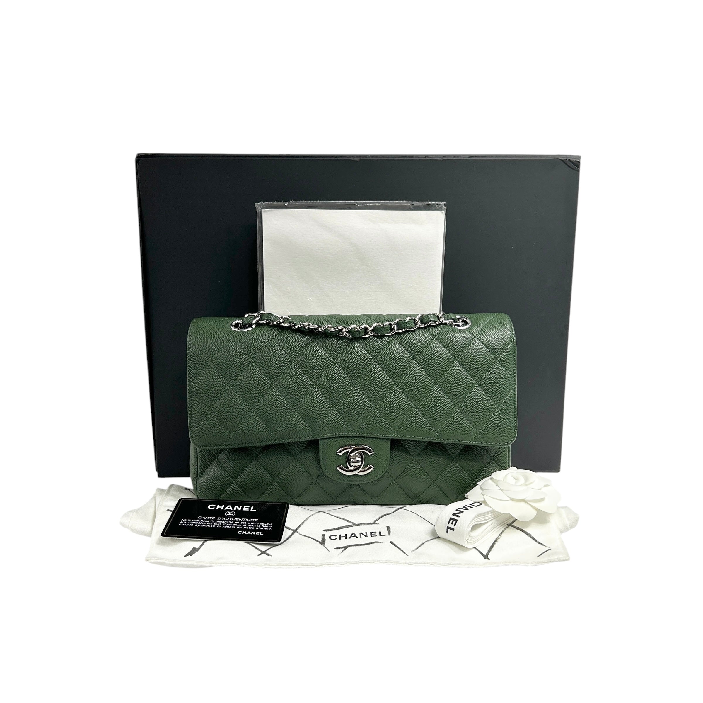 Olive Green Caviar Quilted Medium Classic Double Flap w/SHW