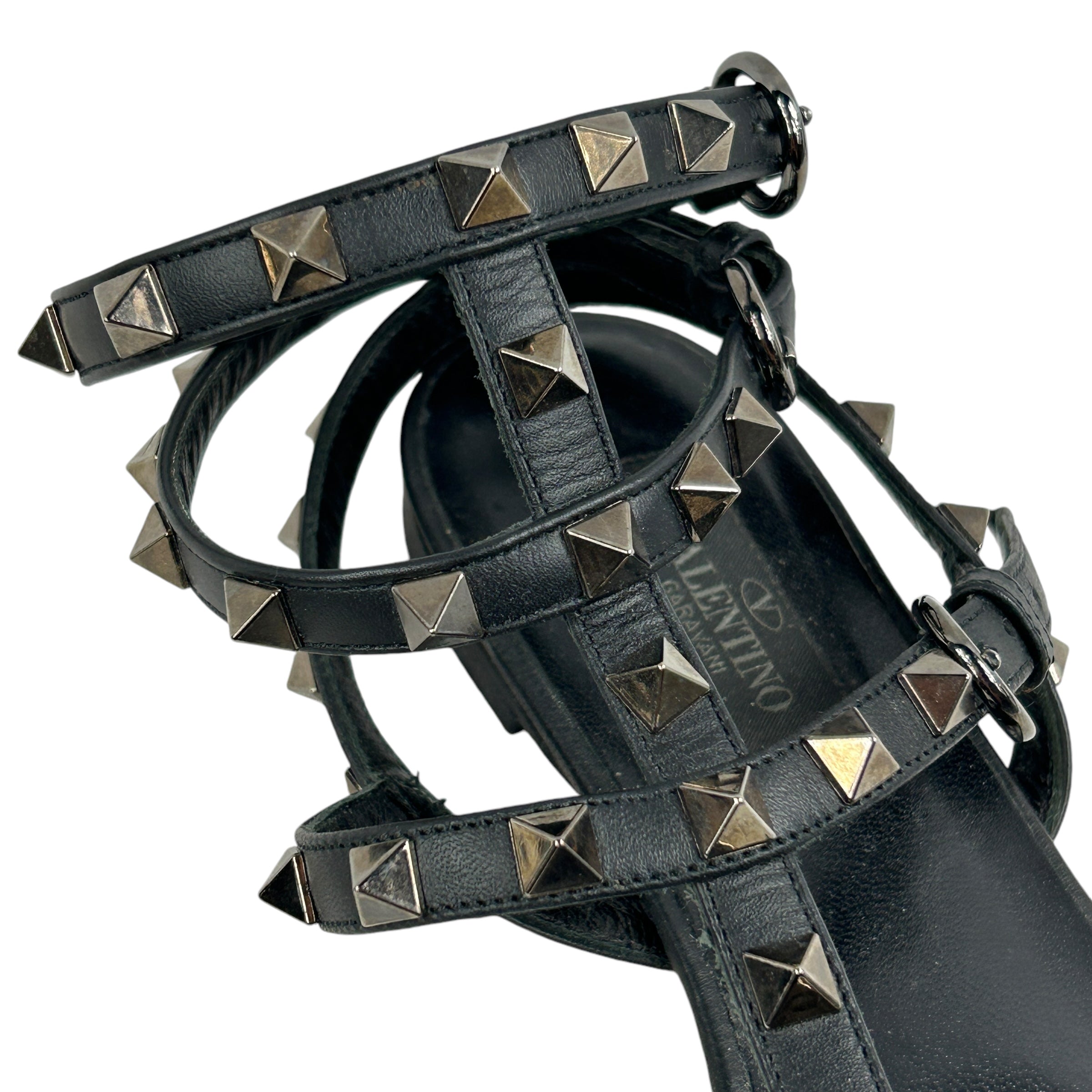 Black Leather Rockstud Flat Sandals w/RHW