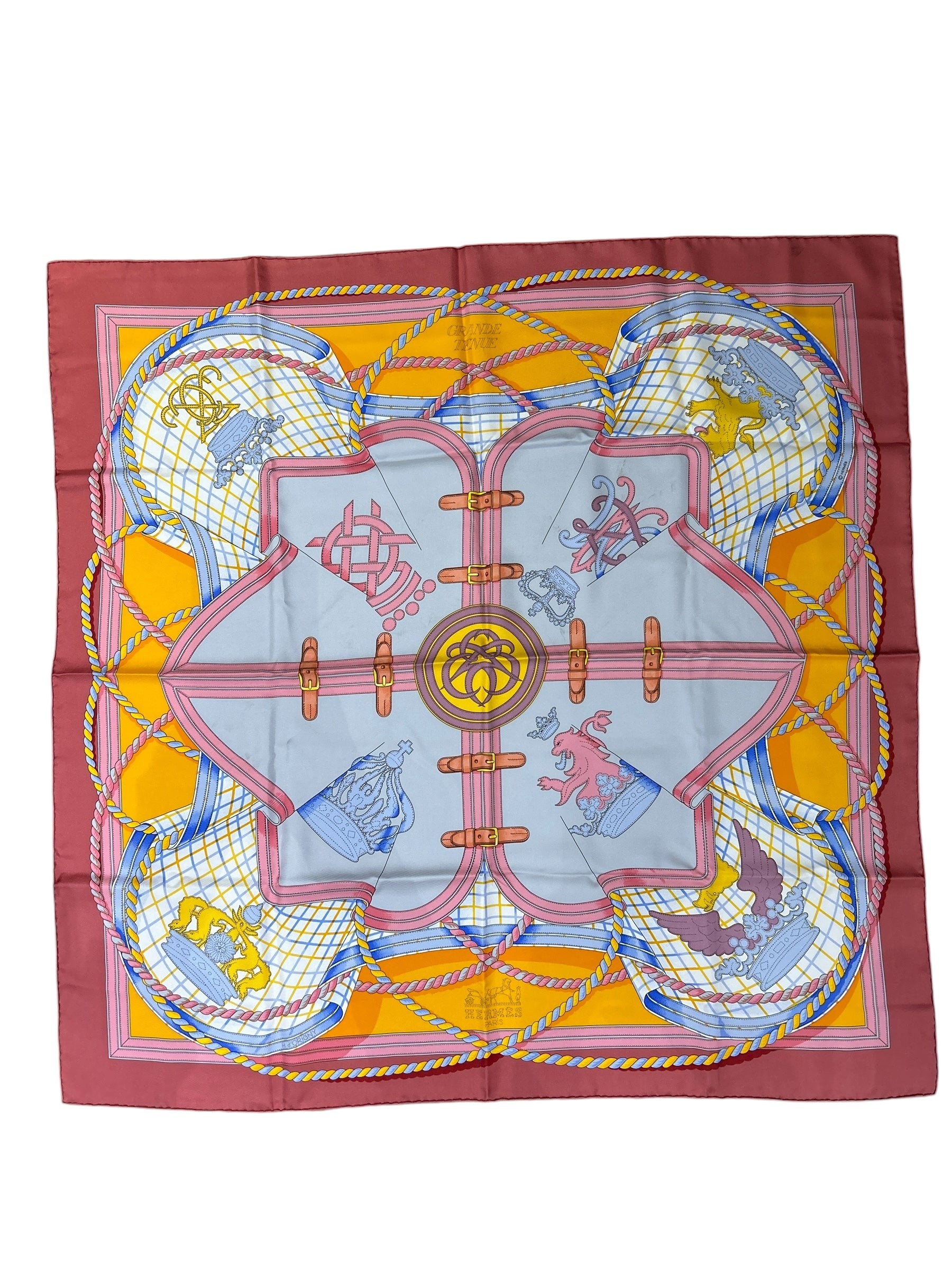 Pink/Light Grey/Orange/ Blue/Light Blue/ Yellow “Grand Tenue” 90 cm Silk Scarf