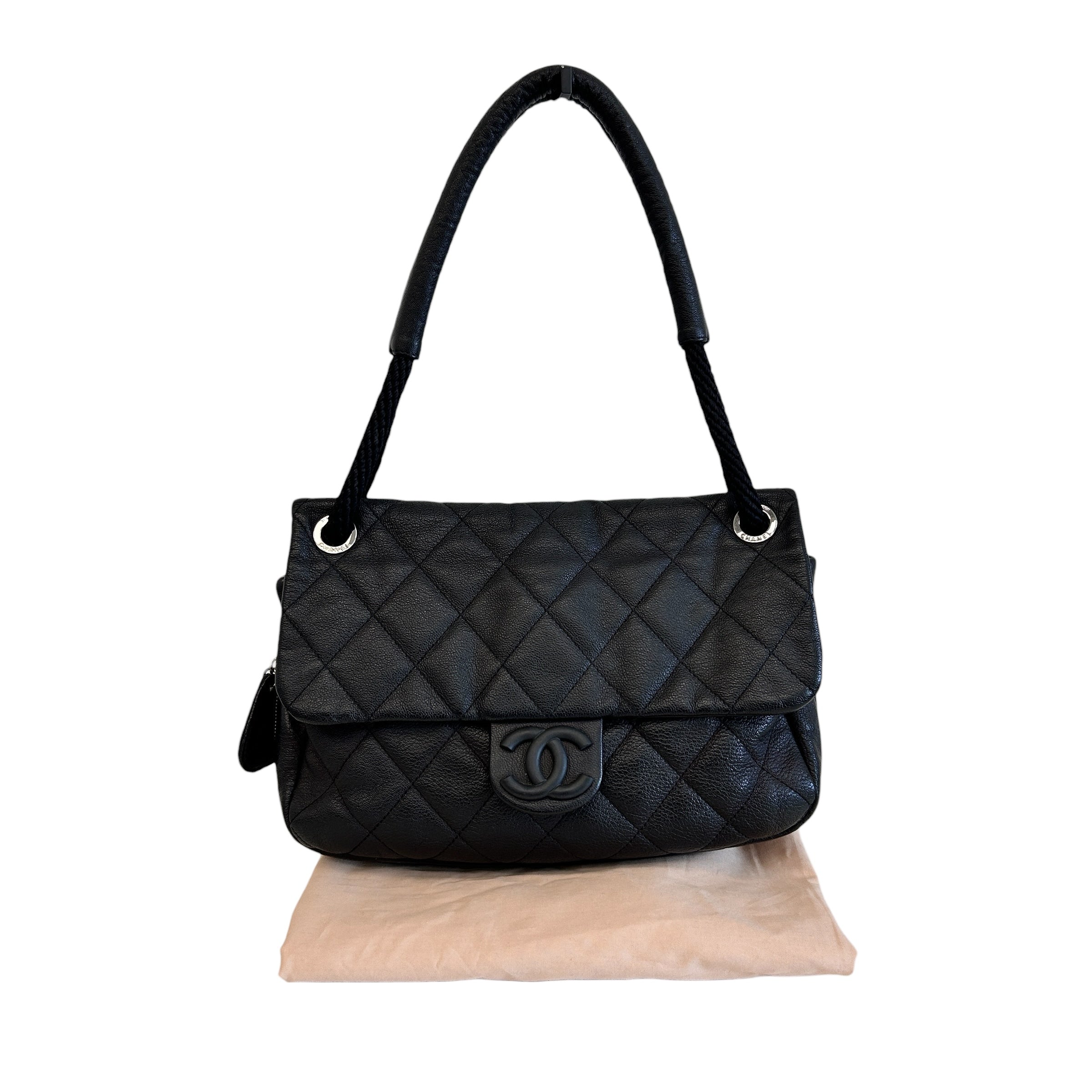 Black Pebbed Calfskin Leather Bag w/Expandable Zipper Bottom Detail