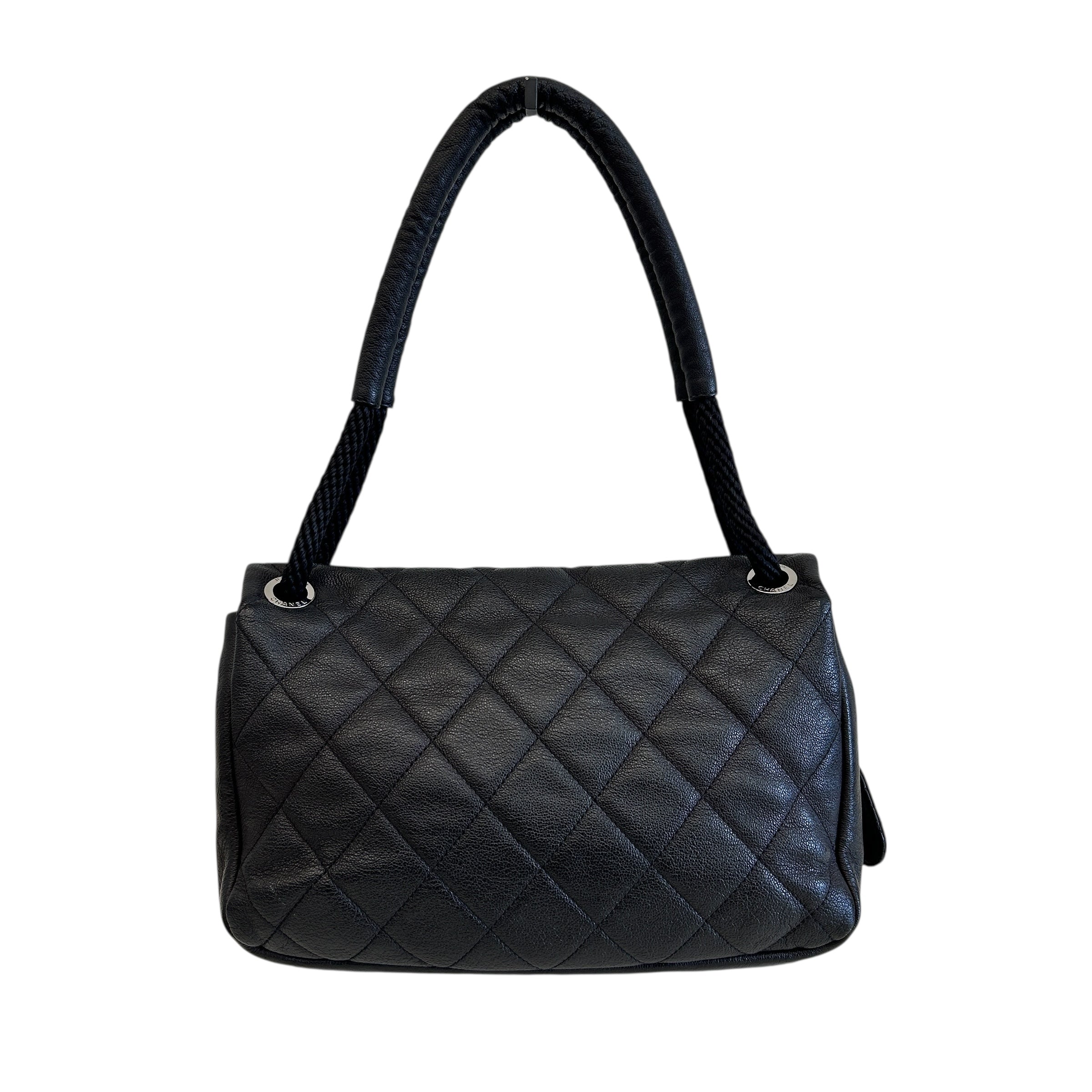 Black Pebbed Calfskin Leather Bag w/Expandable Zipper Bottom Detail