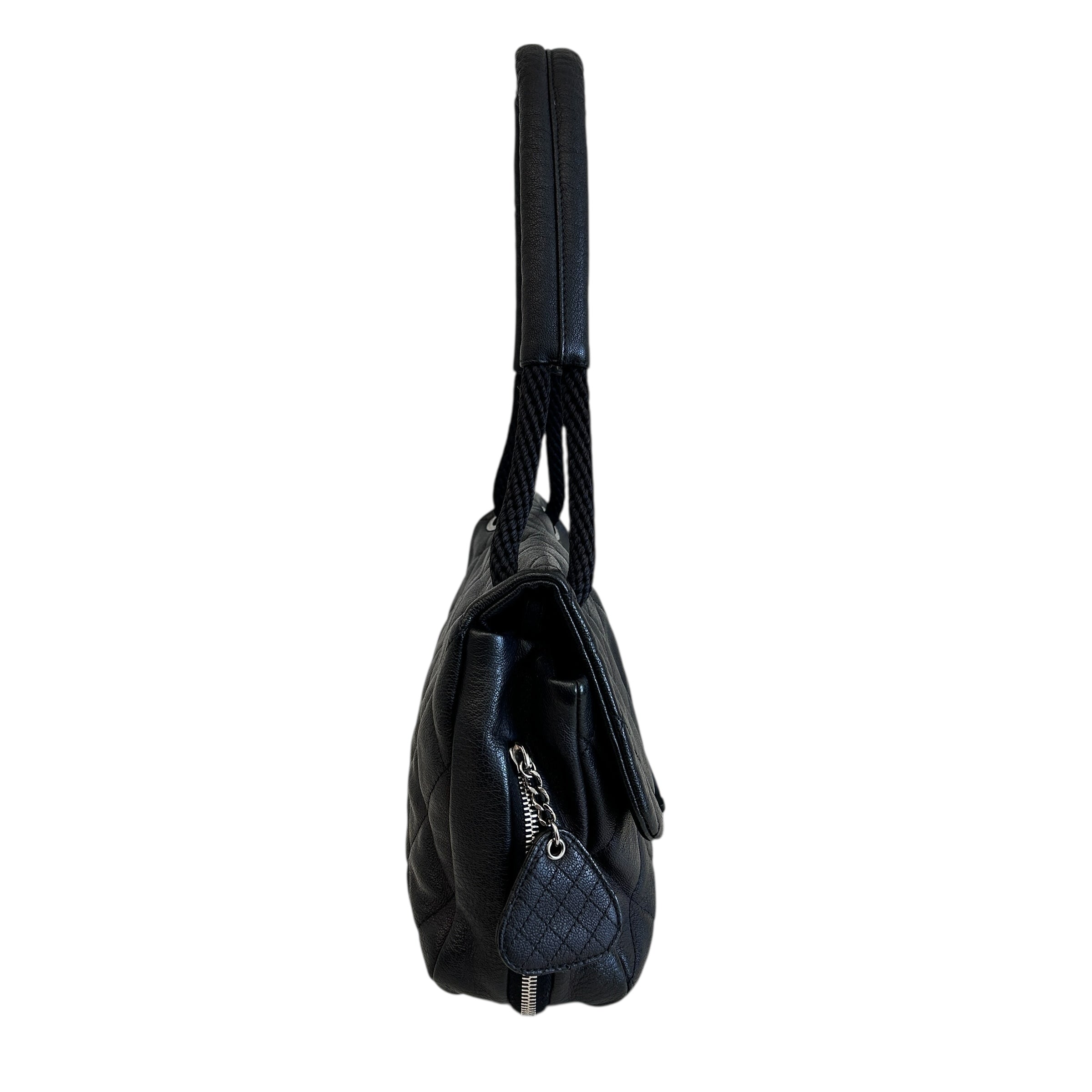 Black Pebbed Calfskin Leather Bag w/Expandable Zipper Bottom Detail