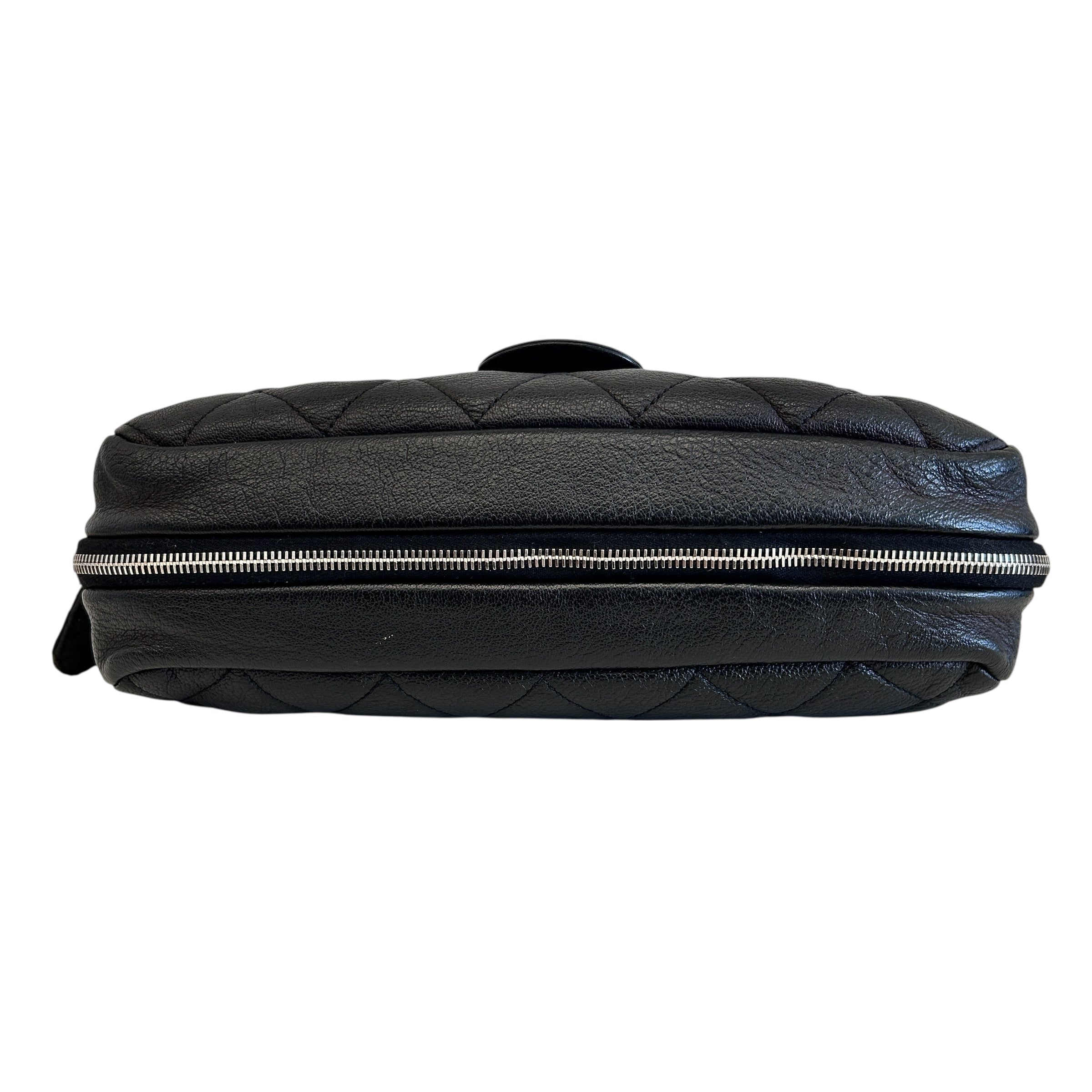 Black Pebbed Calfskin Leather Bag w/Expandable Zipper Bottom Detail