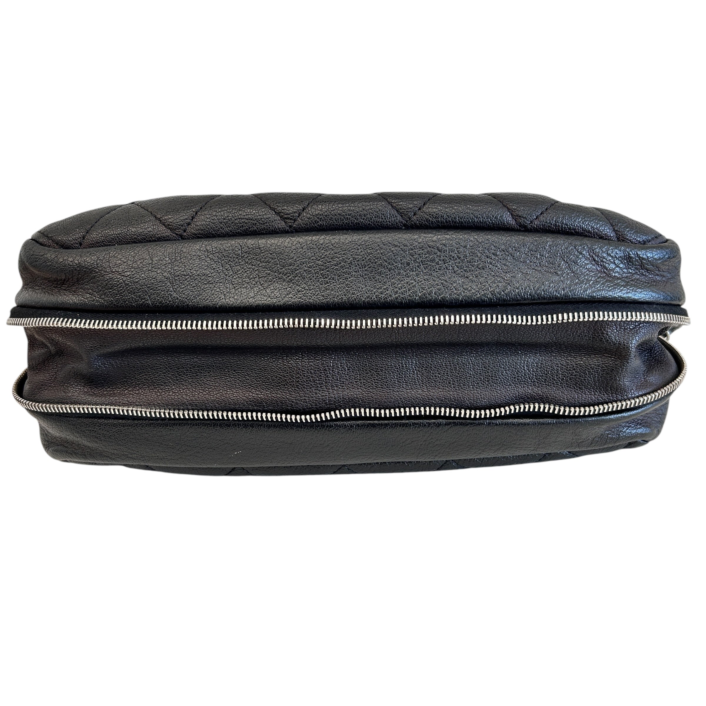 Black Pebbed Calfskin Leather Bag w/Expandable Zipper Bottom Detail