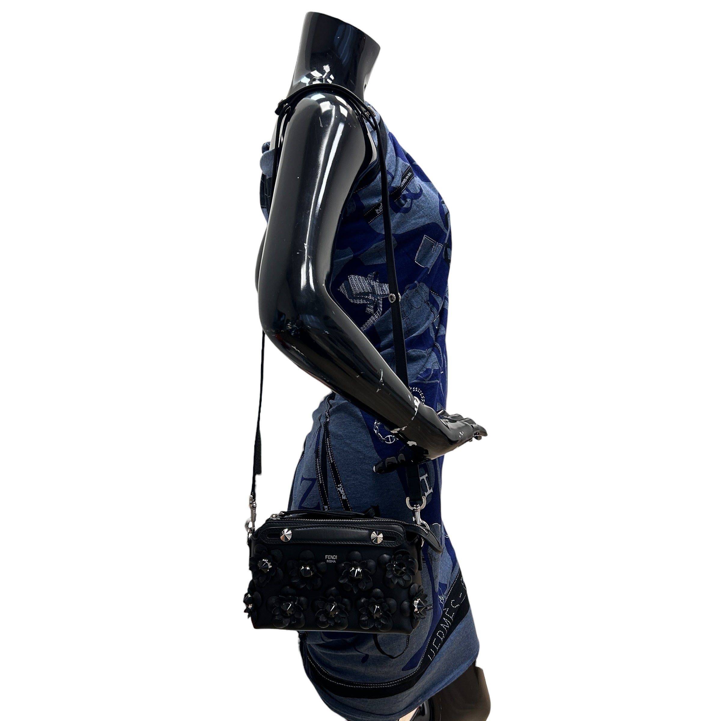 Black Leather Flower Studded Mini By the Way Bag w/SHW