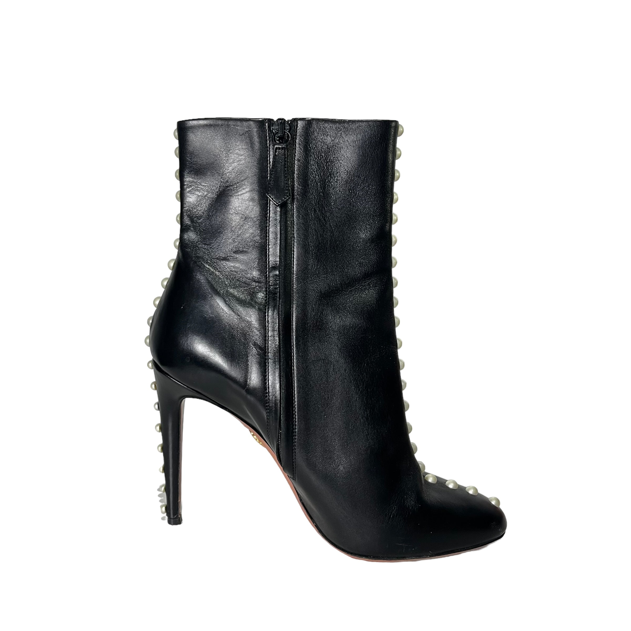 AQUAZZURA Black Leather Studded Follie Ankle Booties