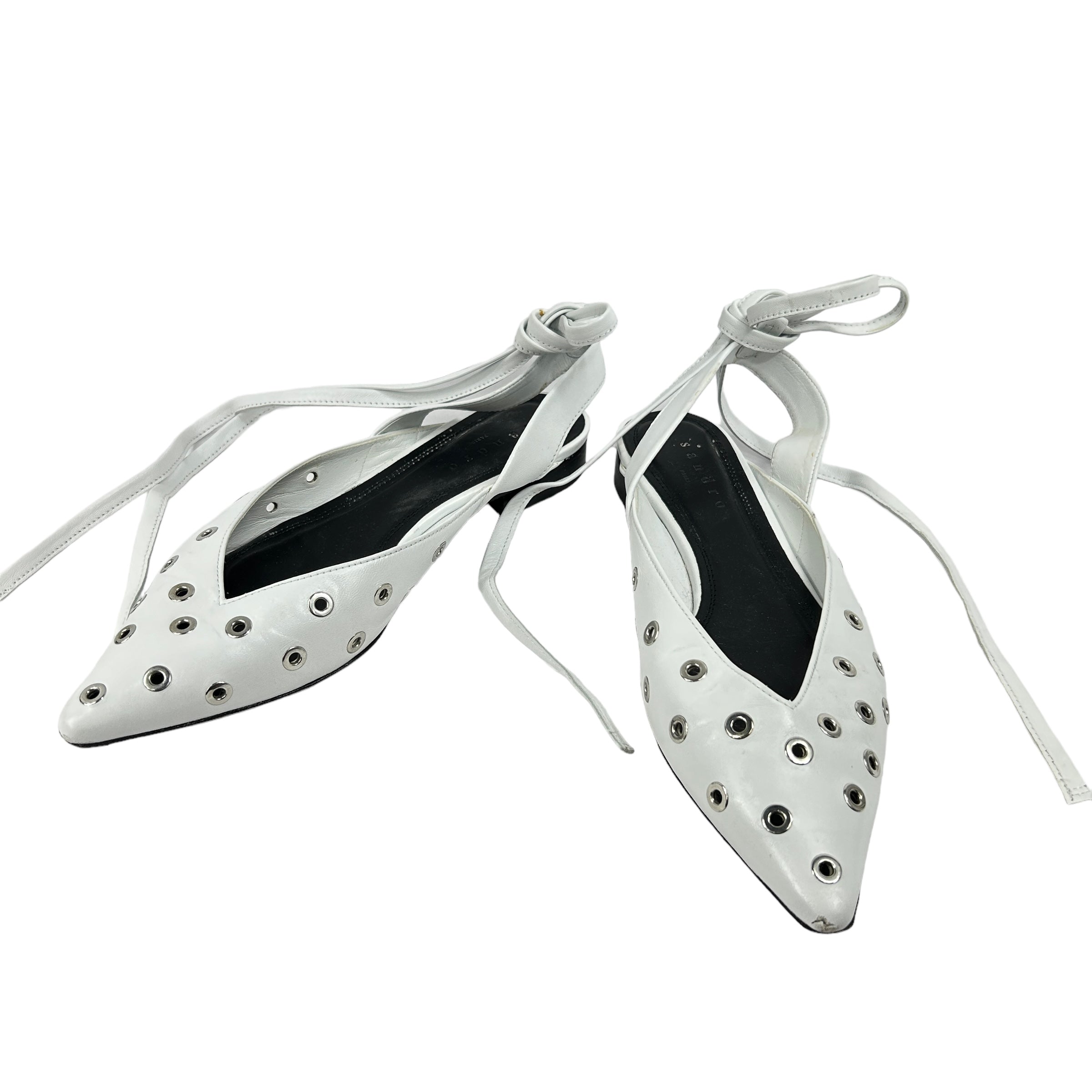Sandro White Leather Ankle-Tie Flats with Silver Grommets