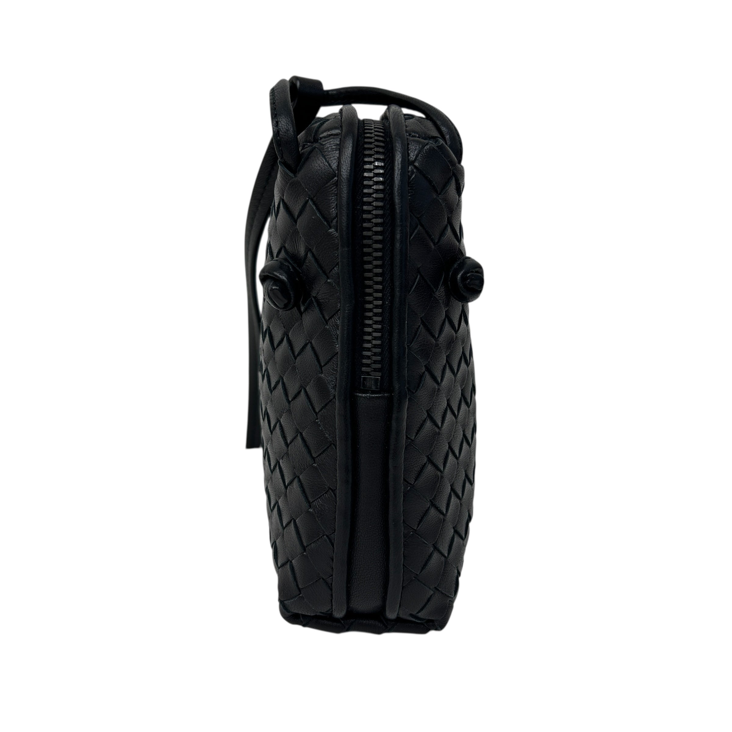 Black Intrecciato Woven Nappa Leather Nodini Crossbody Bag w/Gunmetal HW