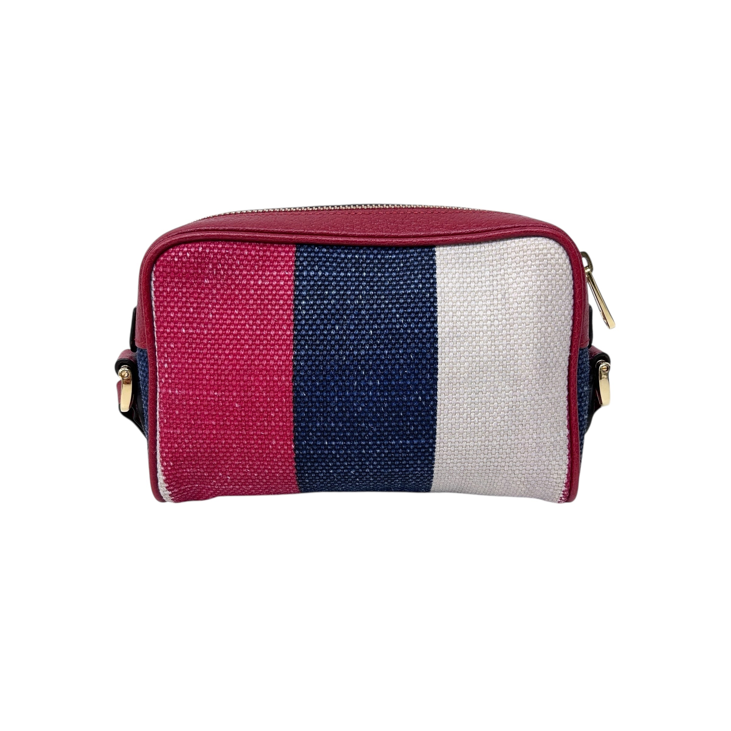 White/Blue/Red Stripe Canvas and Leather Mini Ophidia Crossbody Bag w/GHW