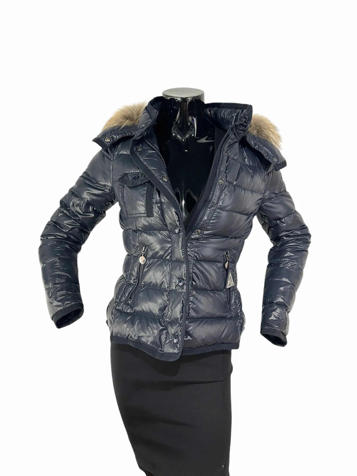 Navy Down Puffer Jacket W Fox Trim Hood