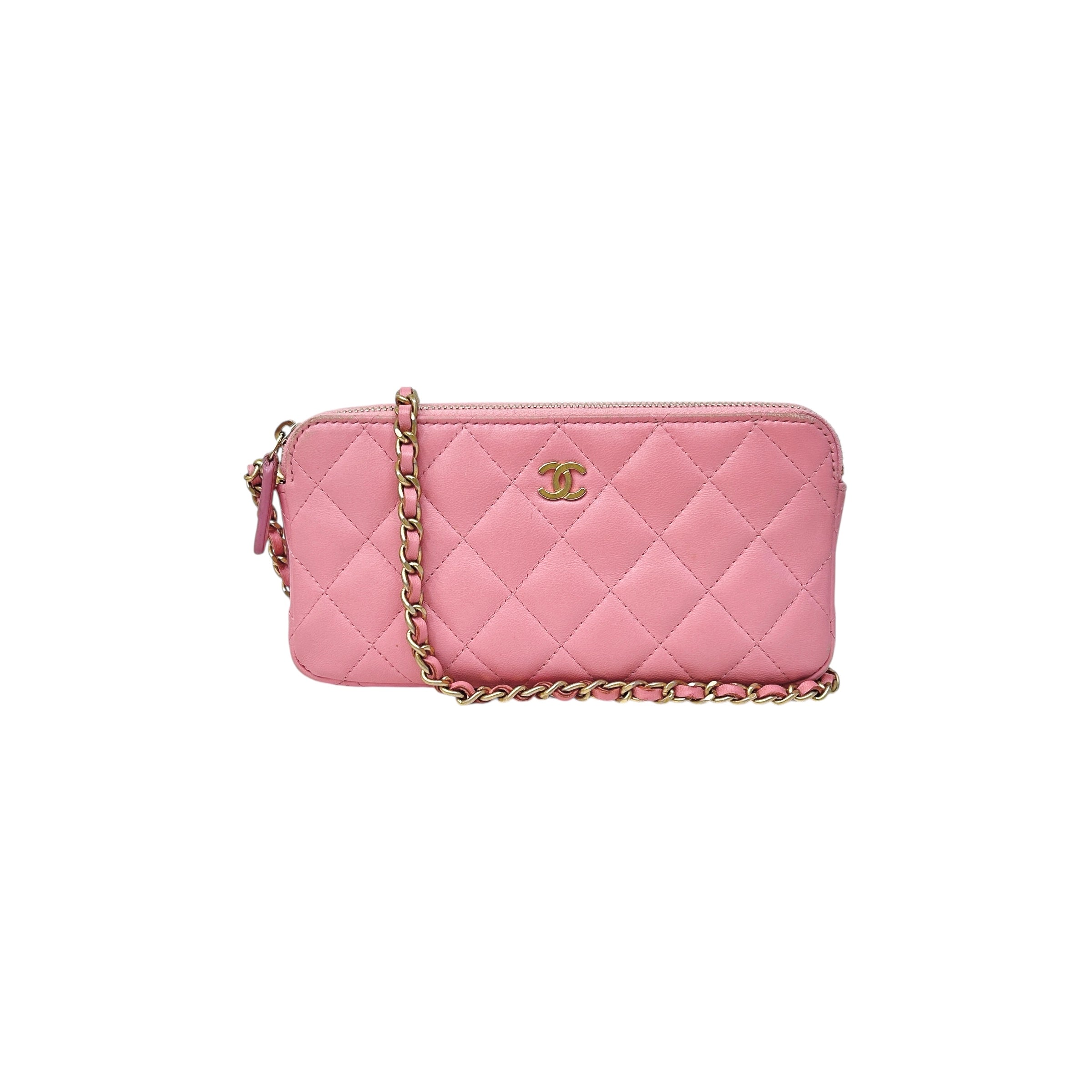 Light Pink Lambskin Quilted Double Zip Wallet on Chain w/LGHW