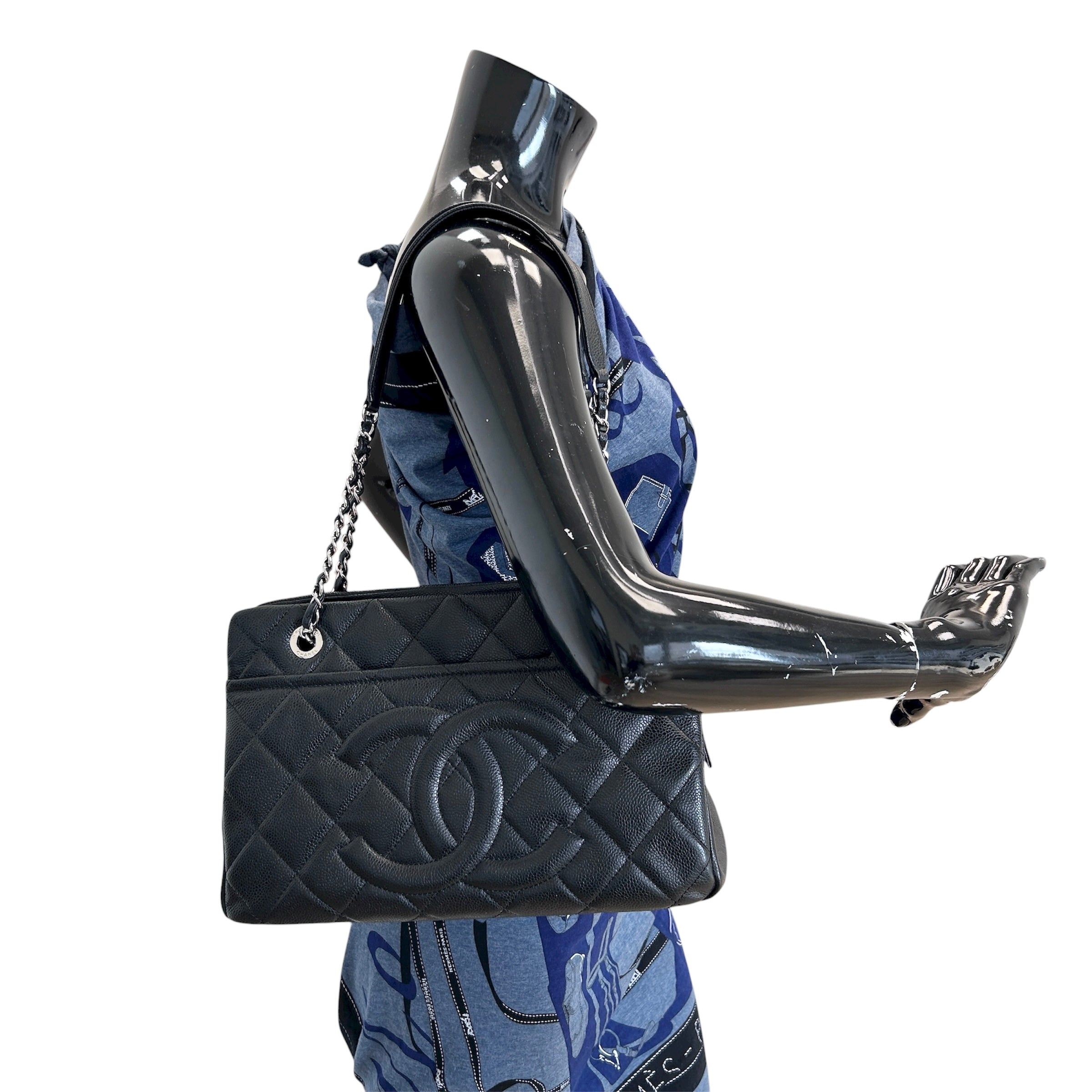 Black Quilted Caviar Leather Timeless CC Soft Shopping Tote Bag