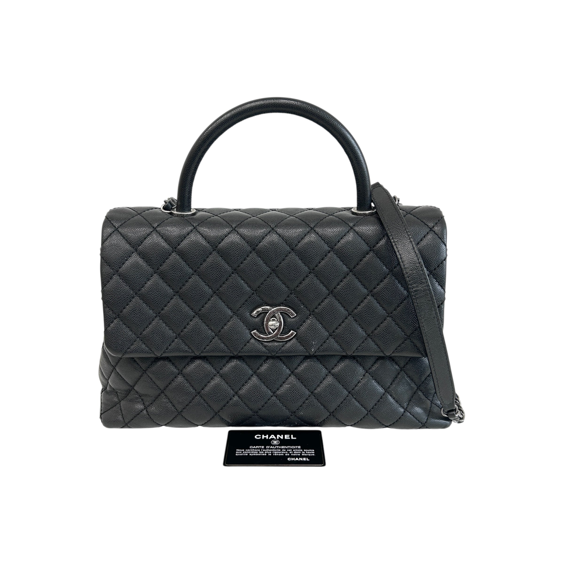 Black Caviar Quilted Coco Handle Large Bag w/RHW