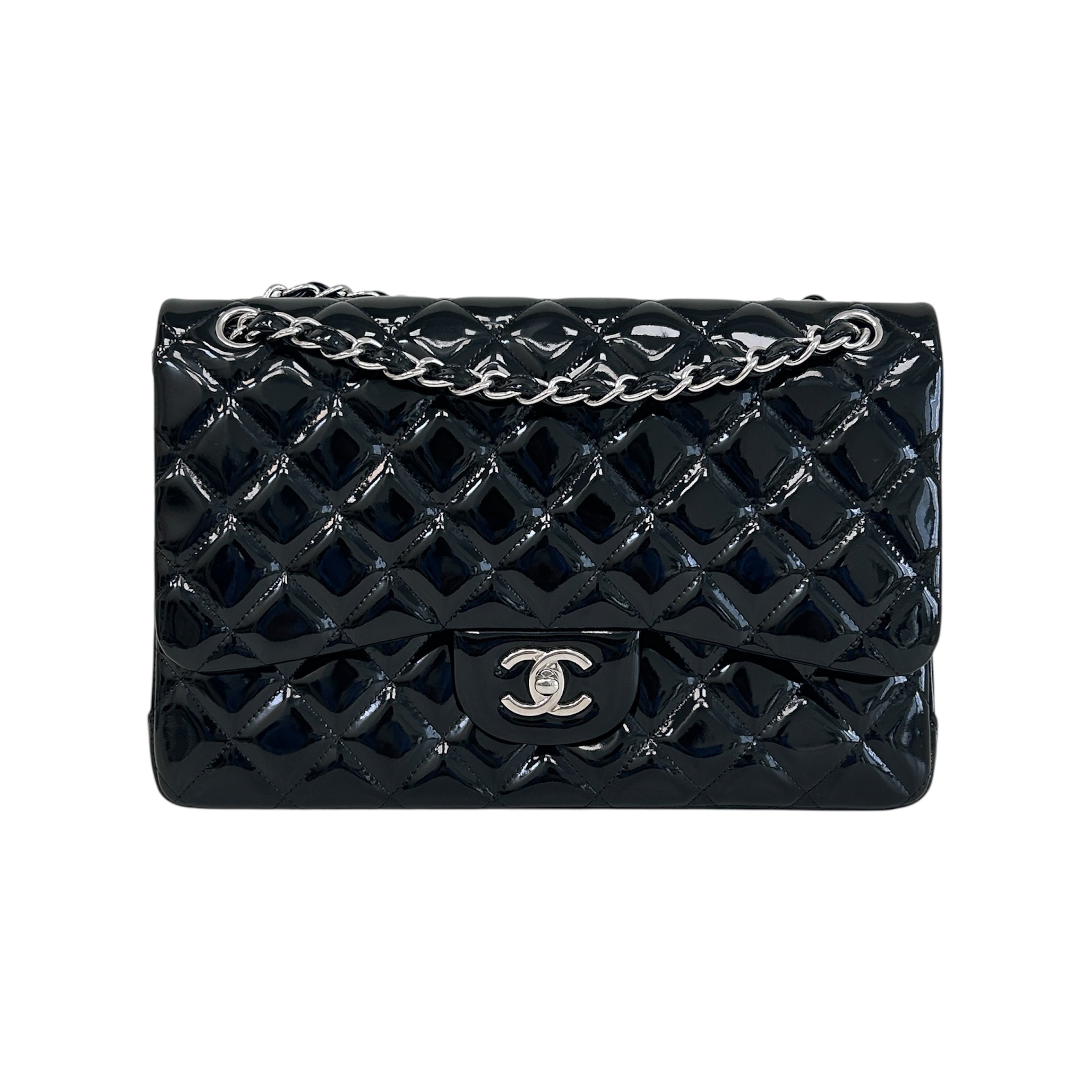 Black Patent Quilted Leather Double Flap Jumbo W/SHW