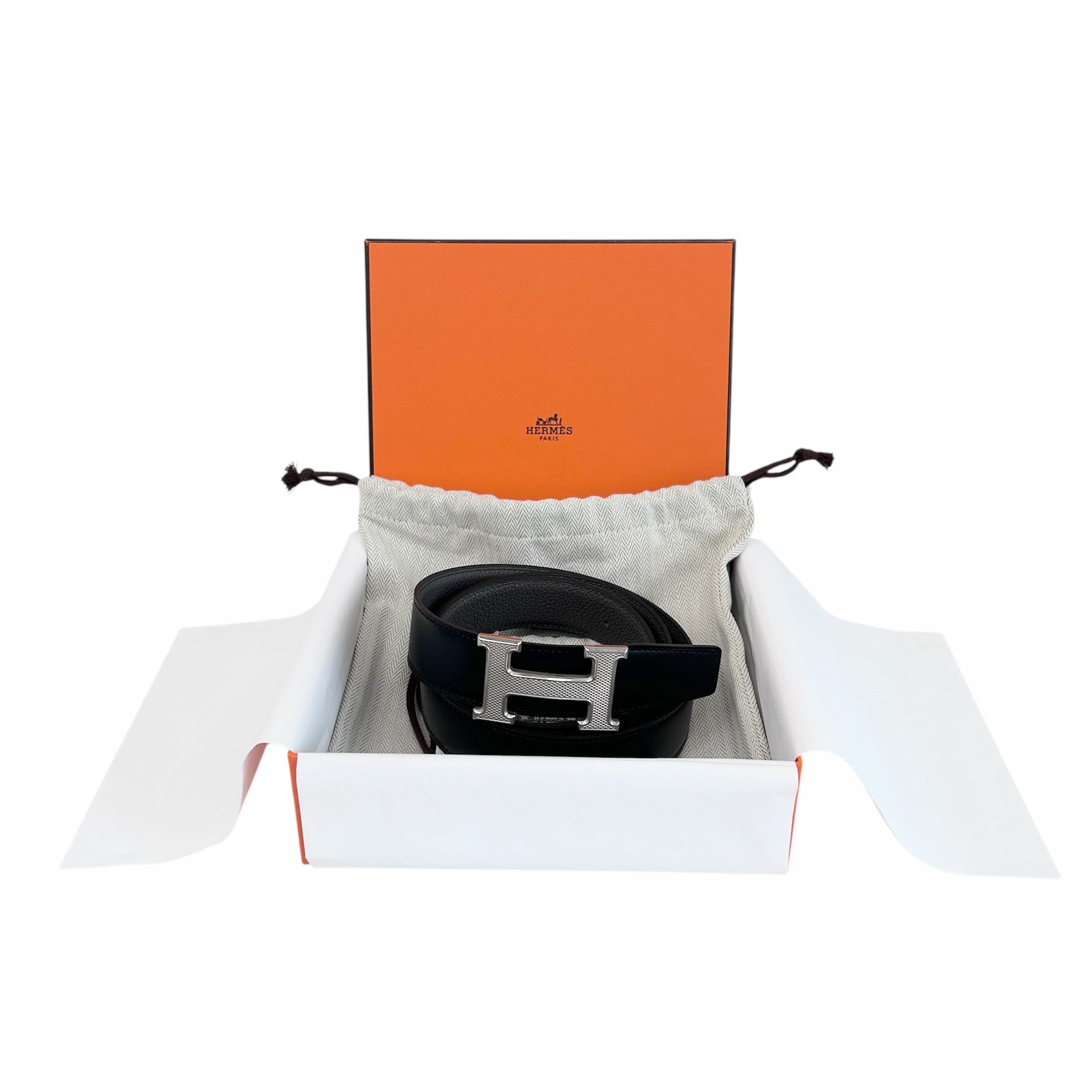 Black/Etain Reversible H Buckle Constance Belt w/ PHW