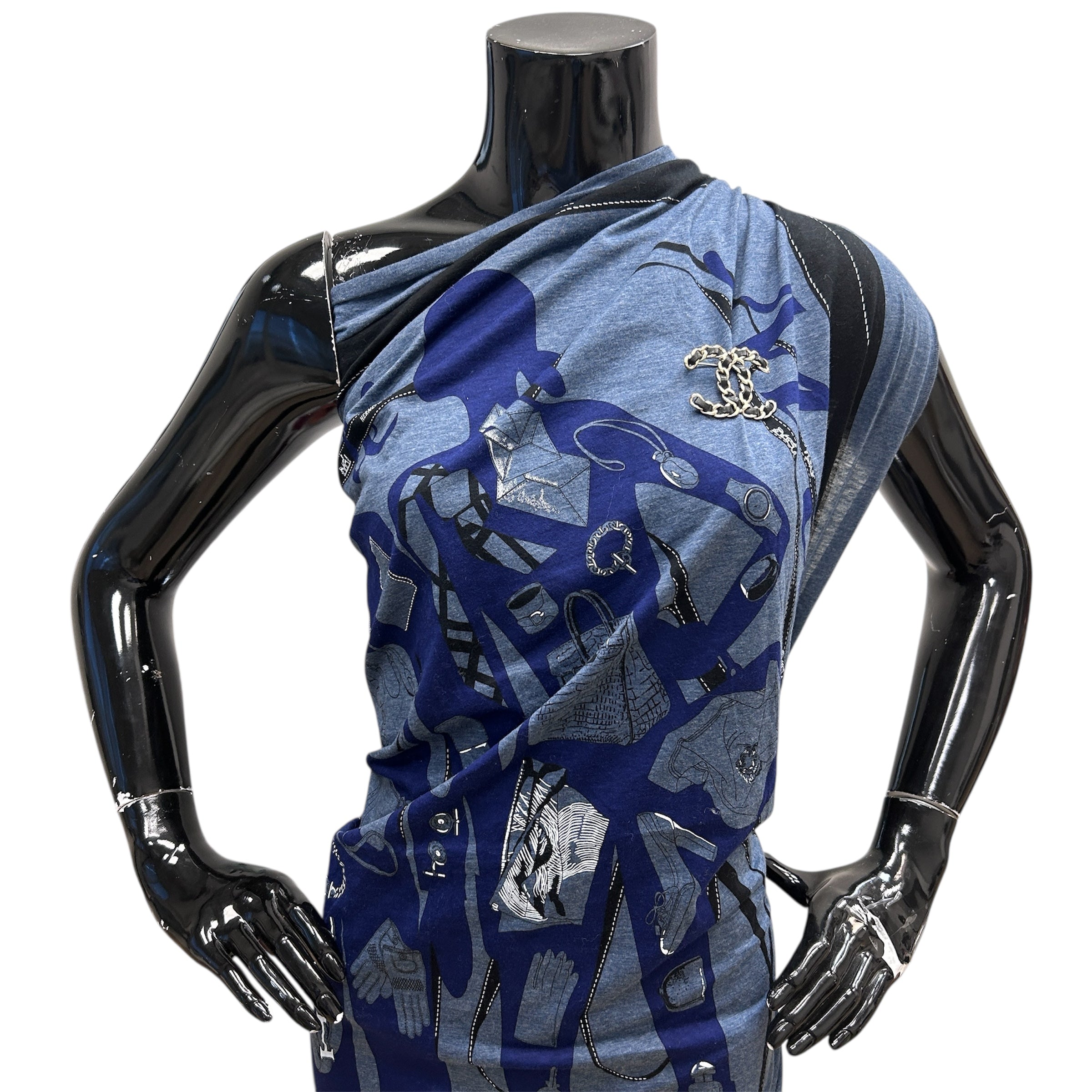 Black Leather and Chain Entwined CC Brooch w/LGHW